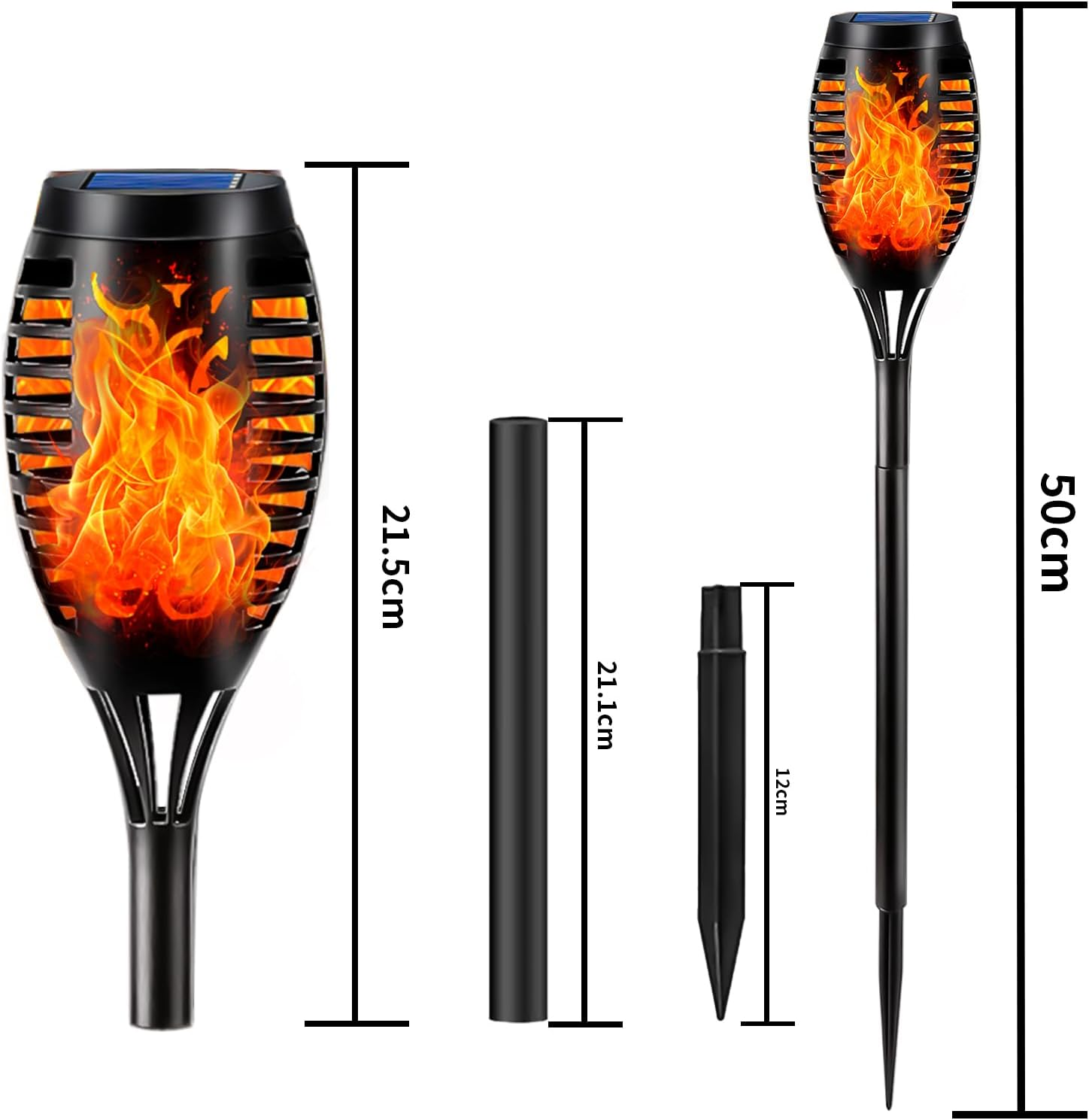 Schwarze Solarfackel mit Flammen-LEDs, Erdspieß und Rohr. Maße angegeben.