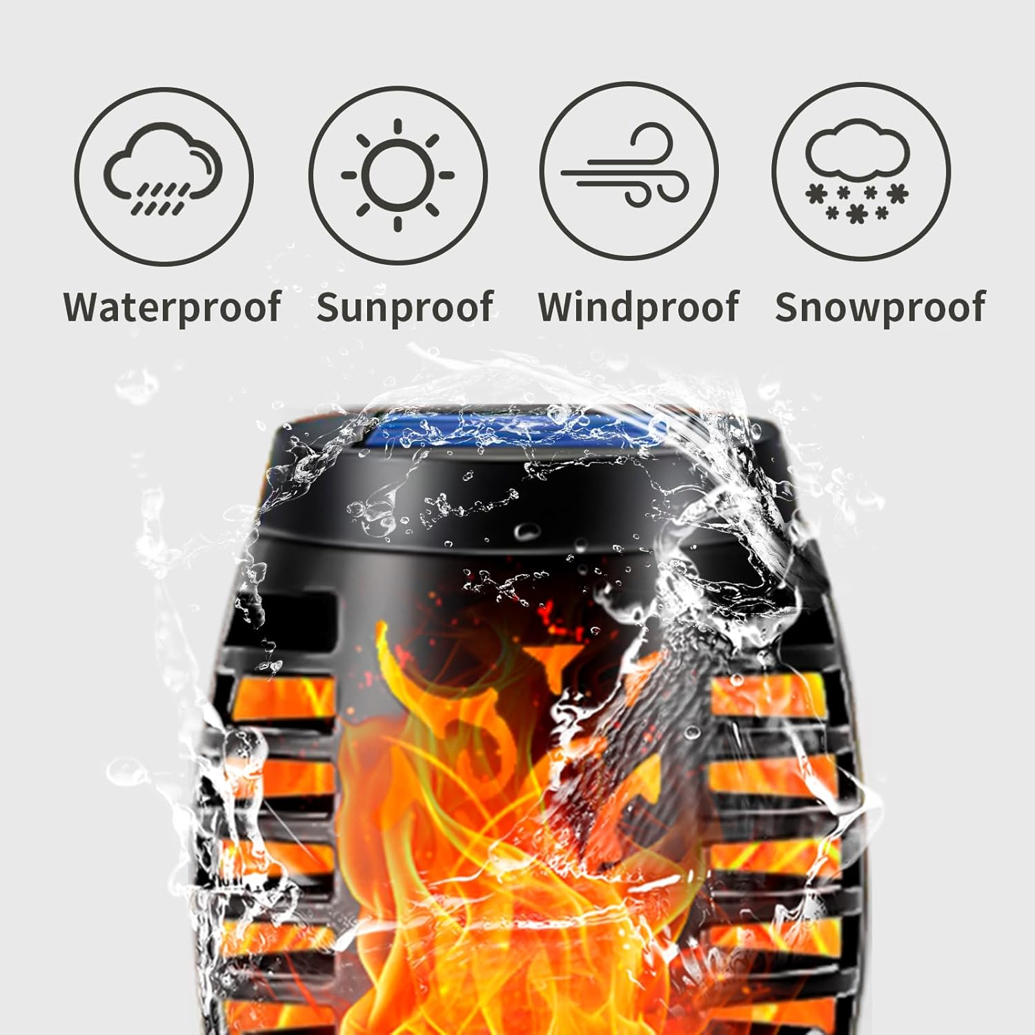 Flammen in einem schwarzen Gehäuse, Wasser spritzt über die Oberseite.