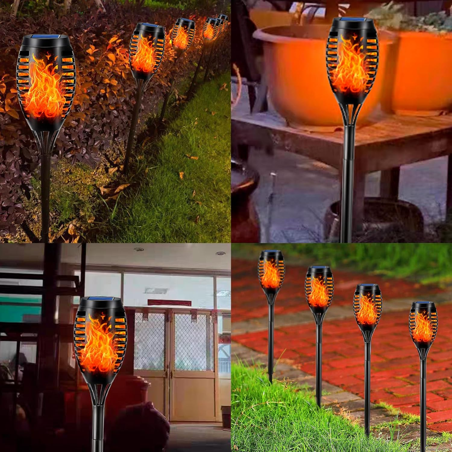 Flammende Fackeln beleuchten einen Gartenweg und eine Terrasse.