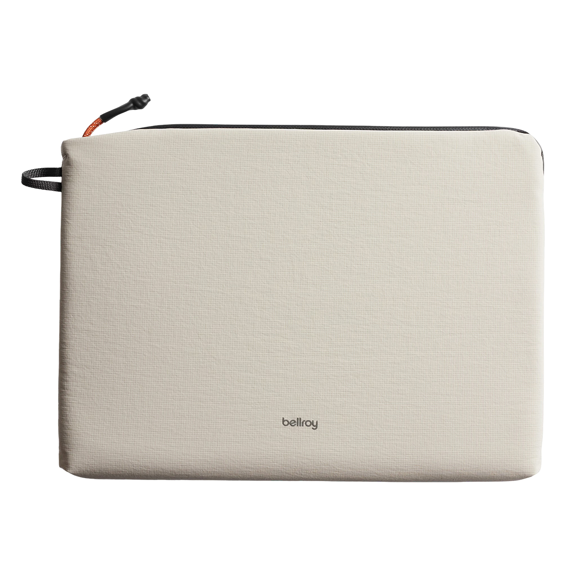 Una pochette color crema con cerniera e un piccolo dettaglio arancione.
