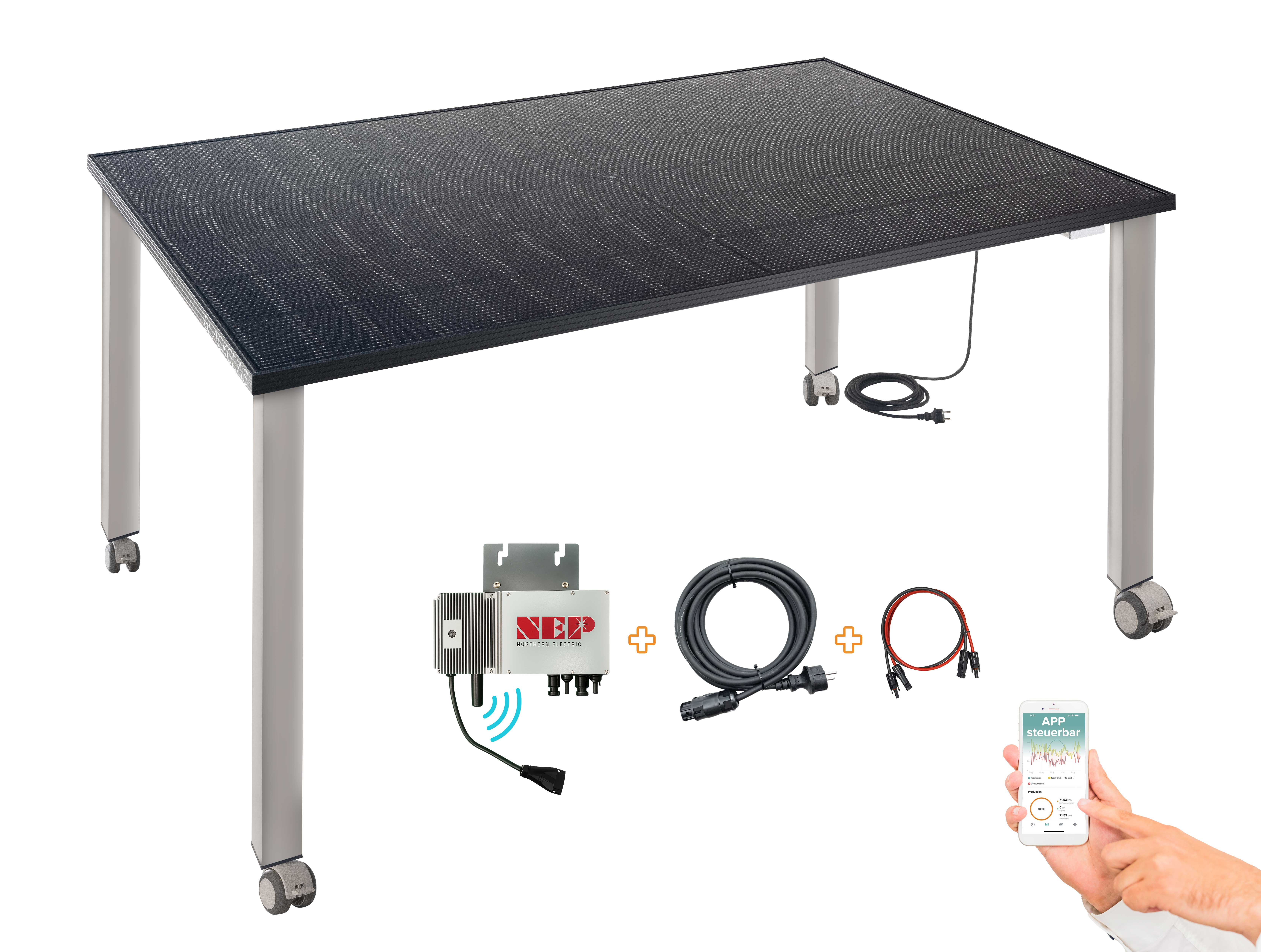 Ein Solartisch mit Rädern, Wechselrichter, Kabeln und App auf dem Handy.