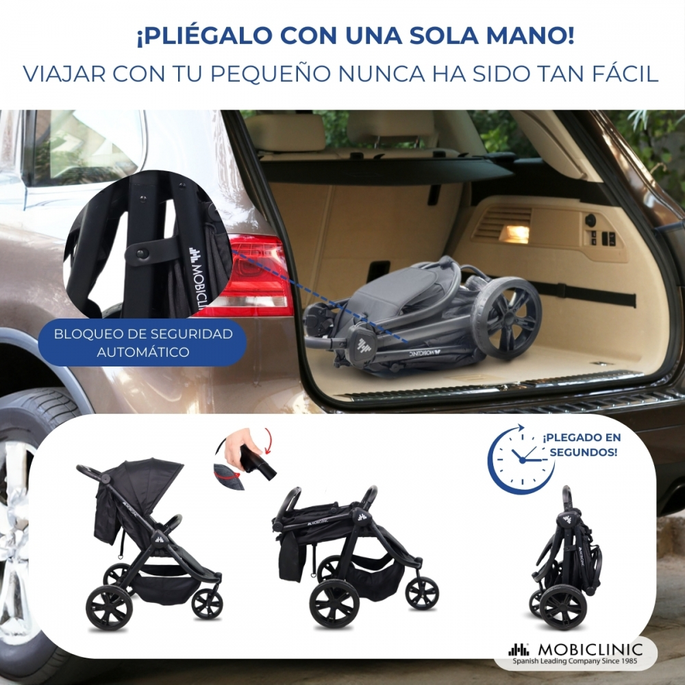 Un cochecito gris se pliega en el maletero de un coche. Vistas detalladas abajo.