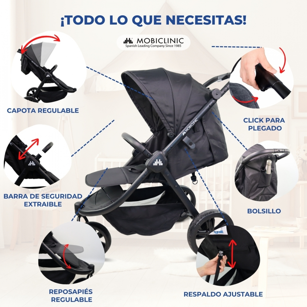 Cochecito negro con capota, manillar y reposapiés ajustables.