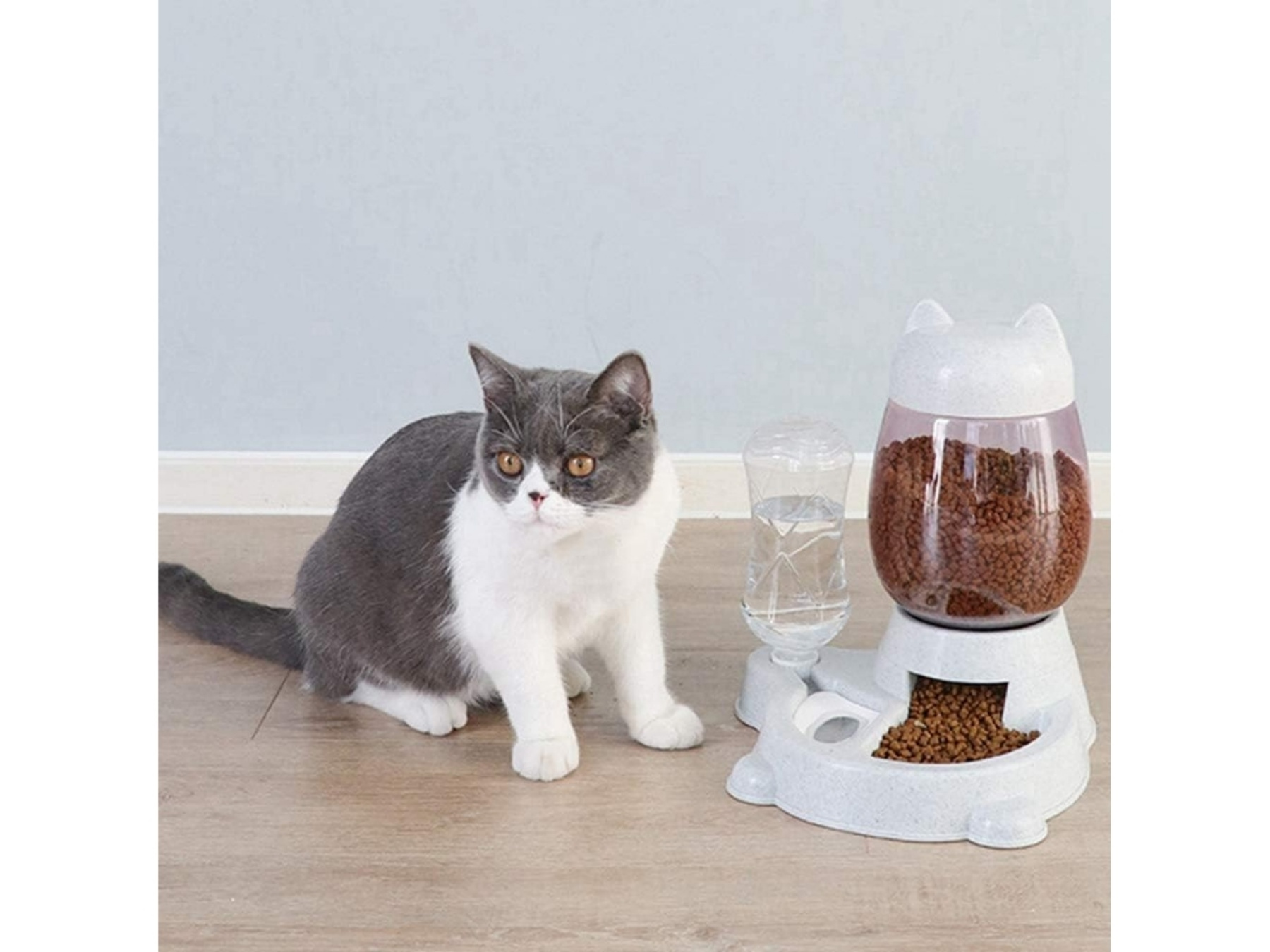 Eine grau-weiße Katze sitzt neben einem weißen automatischen Tierfutterspender mit Kibble und Wasser.