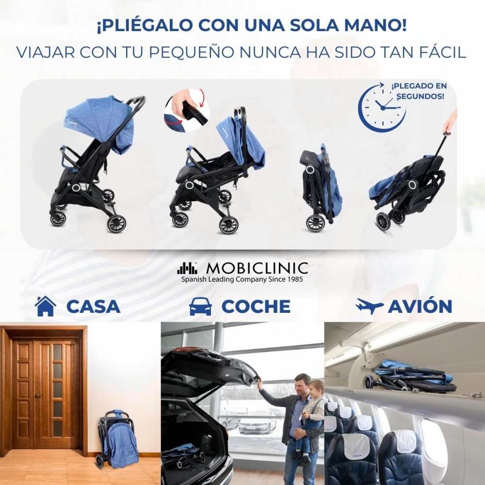 Un cochecito plegable se muestra en varios escenarios: en casa, en un coche y en un avión.