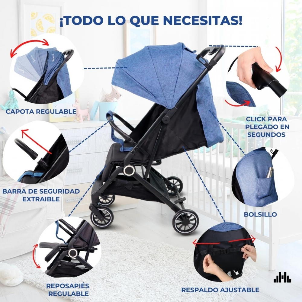 Cochecito azul con capota, manillar y reposapiés regulables.