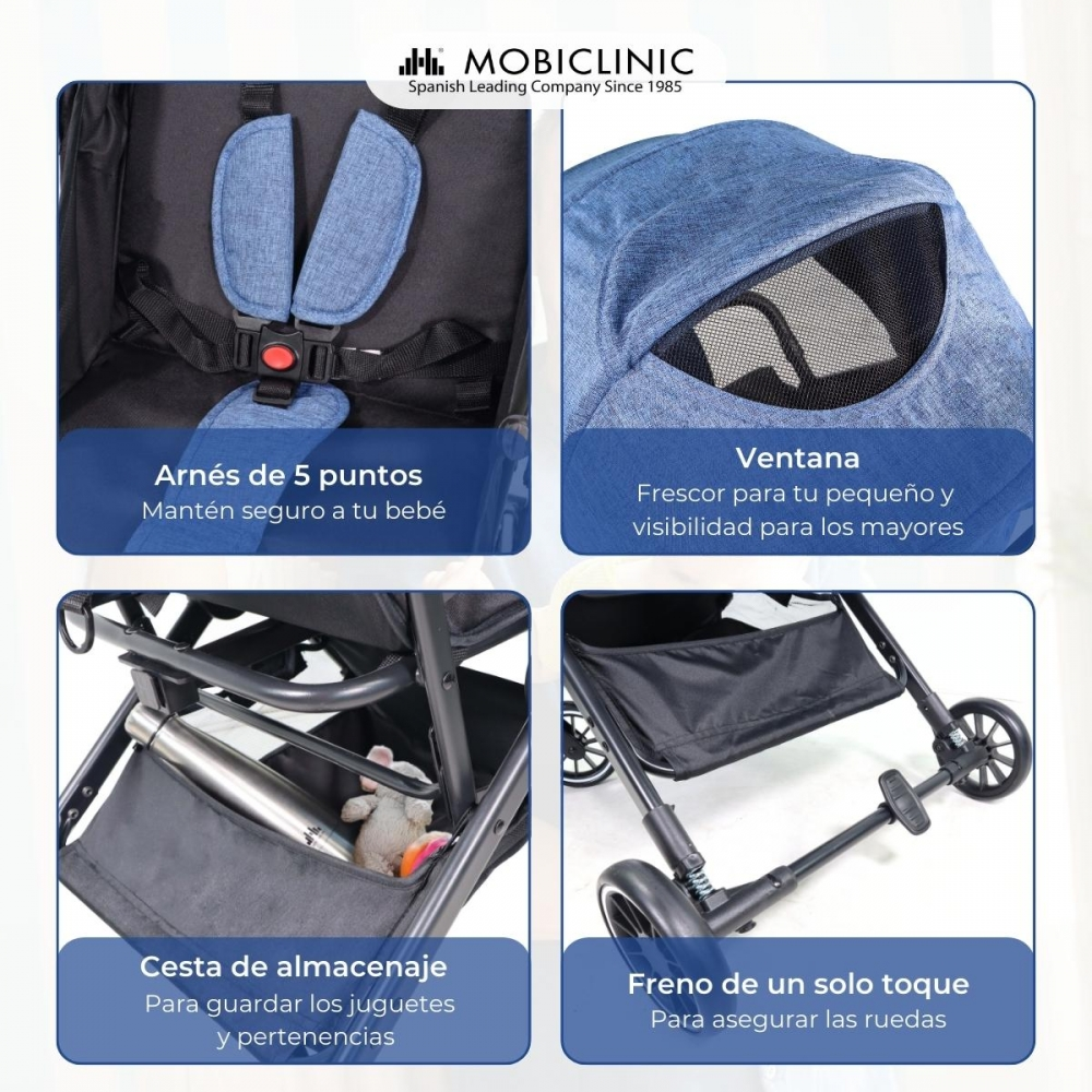 Características del cochecito: arnés de 5 puntos, ventana, cesta y freno.