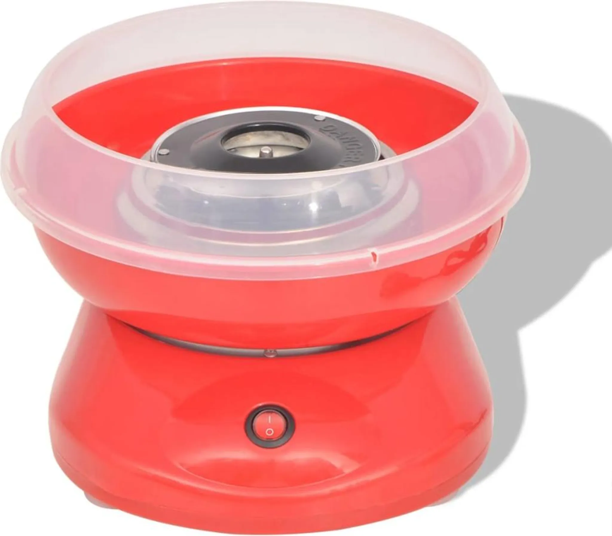 Ein roter Zuckerwattemaschine mit einem durchsichtigen Deckel und einem Ein-/Ausschalter.