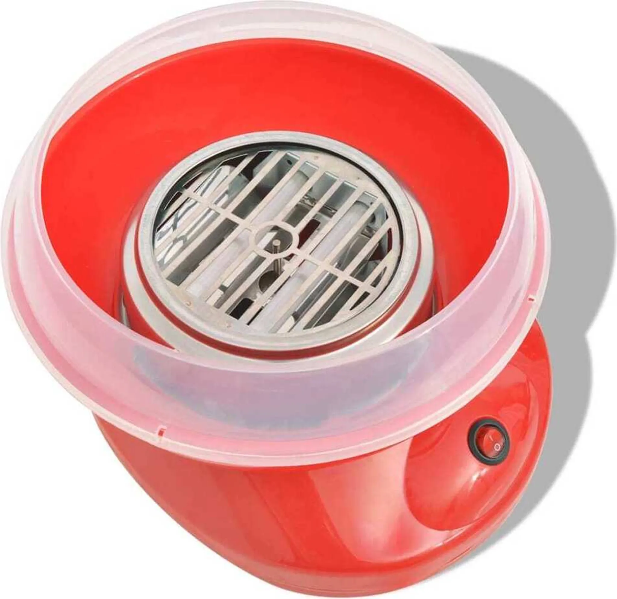 Rote Zuckerwattemaschine mit durchsichtigem Deckel und einem Ein-/Ausschalter.