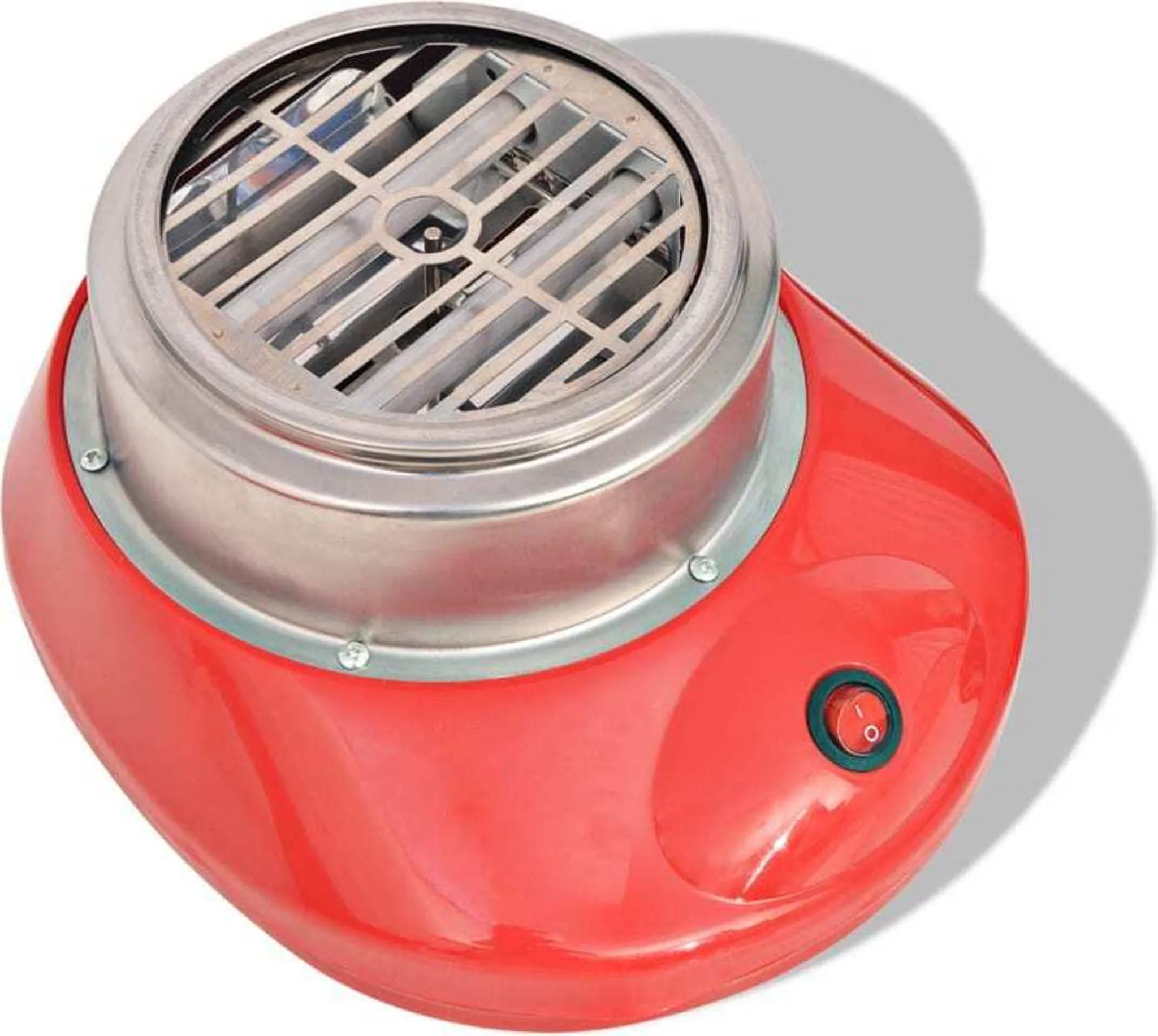 Ein rotes Heizgerät mit Metallgitter und zwei Röhren, mit EIN/AUS-Schalter.
