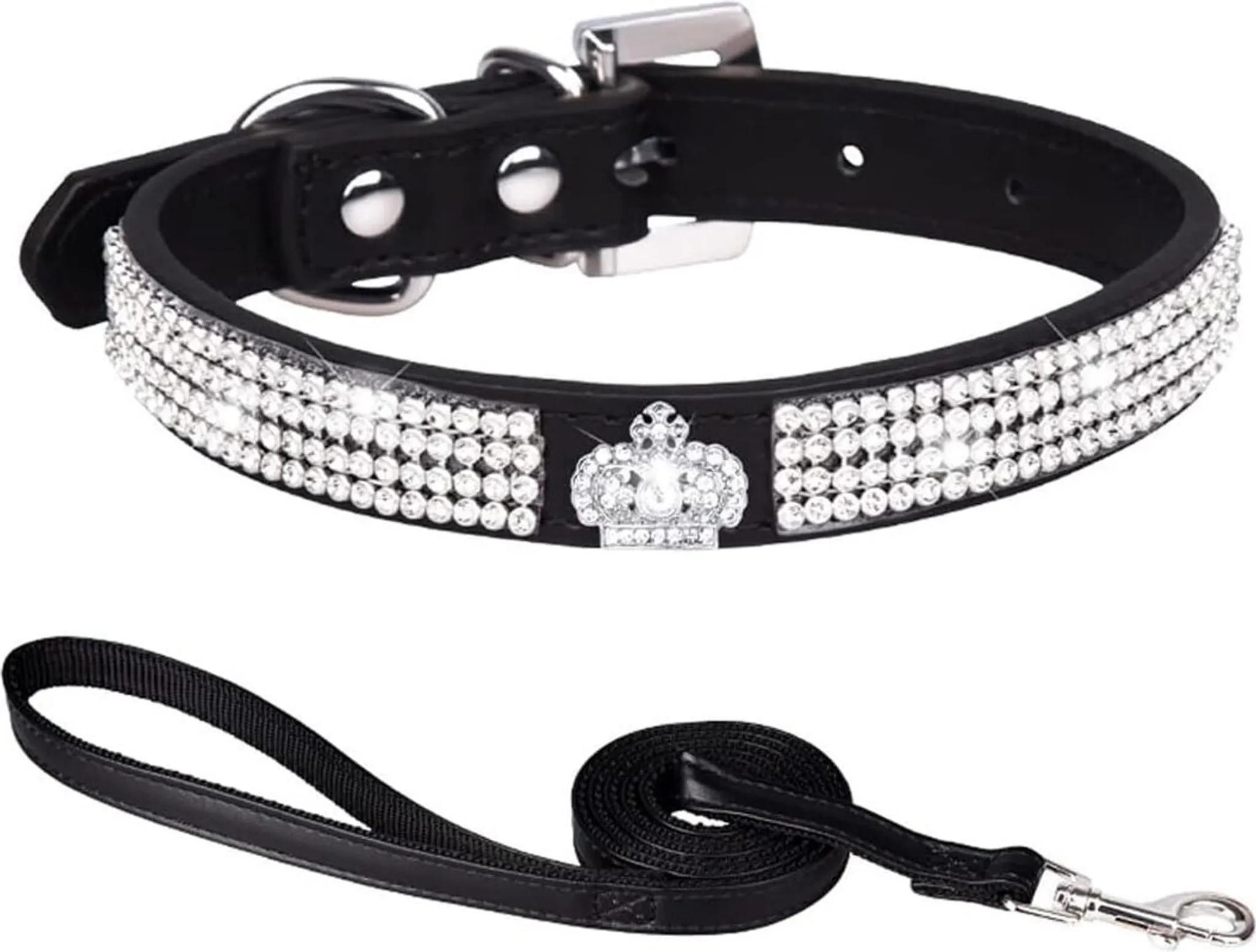 Schwarzes Hundehalsband mit Strass und Krone, dazu eine schwarze Leine.