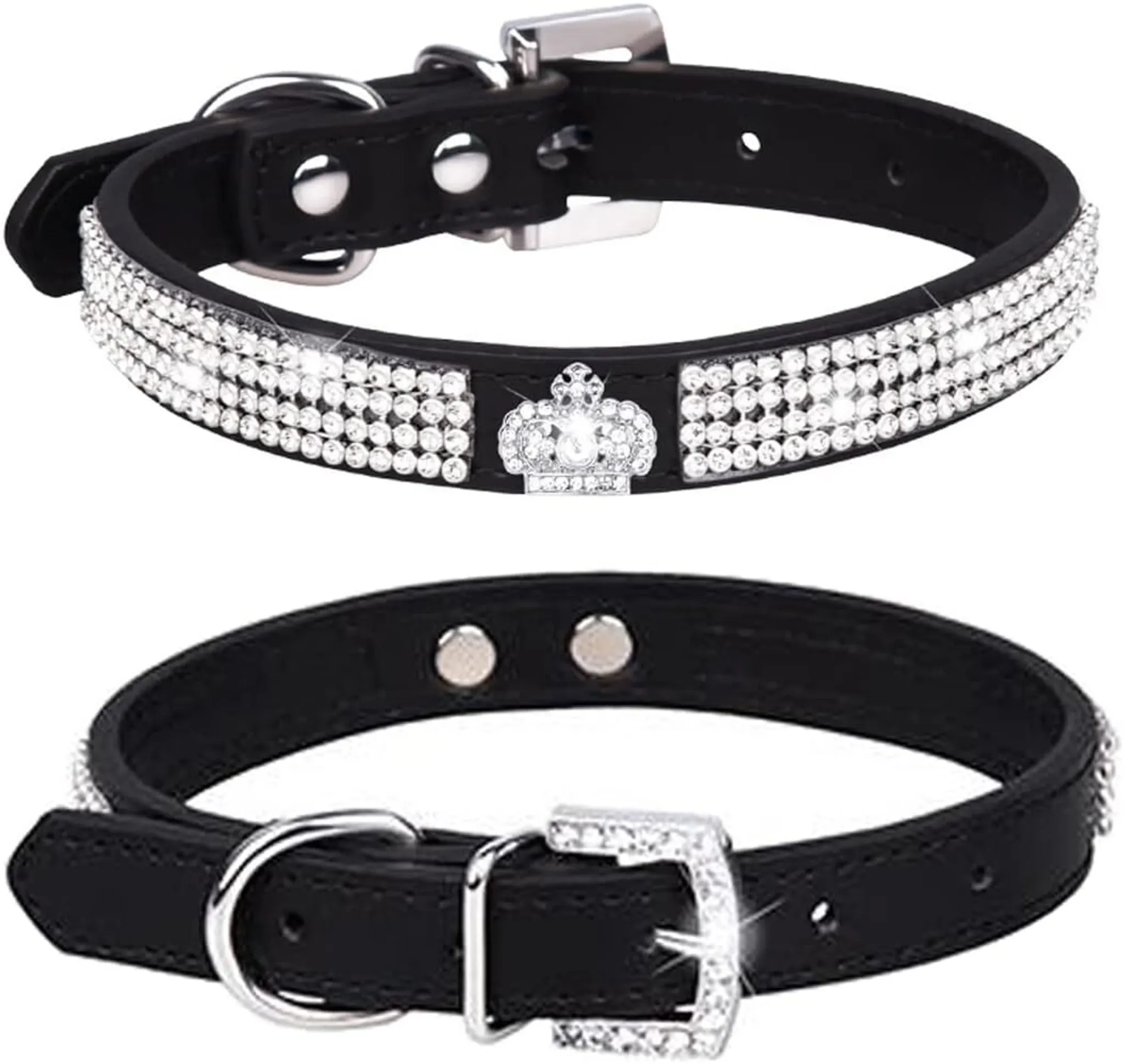 Schwarzes Lederhalsband mit Strasssteinen und einer Krone.