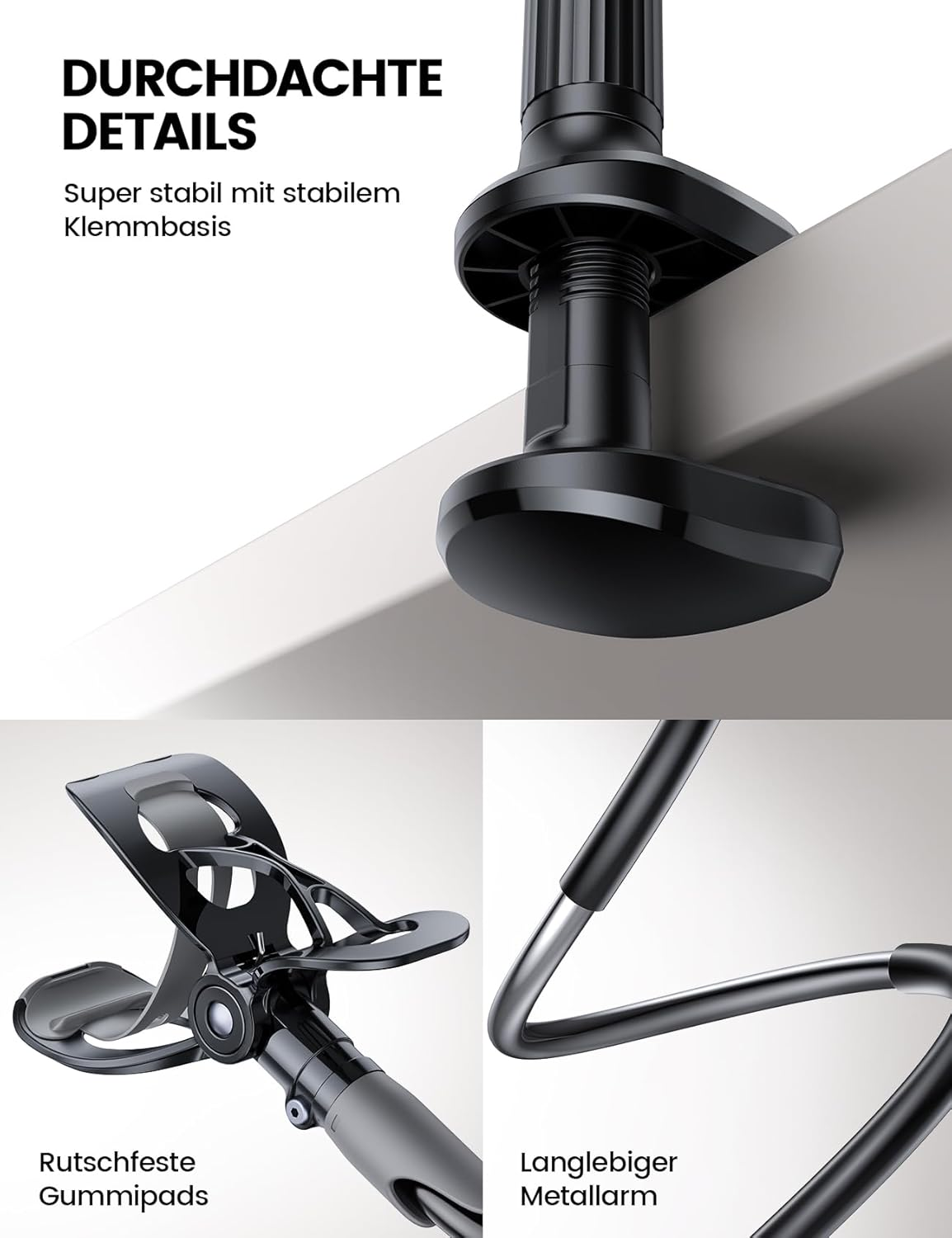 Zbliżenie czarnego uchwytu na telefon przymocowanego do blatu biurka.