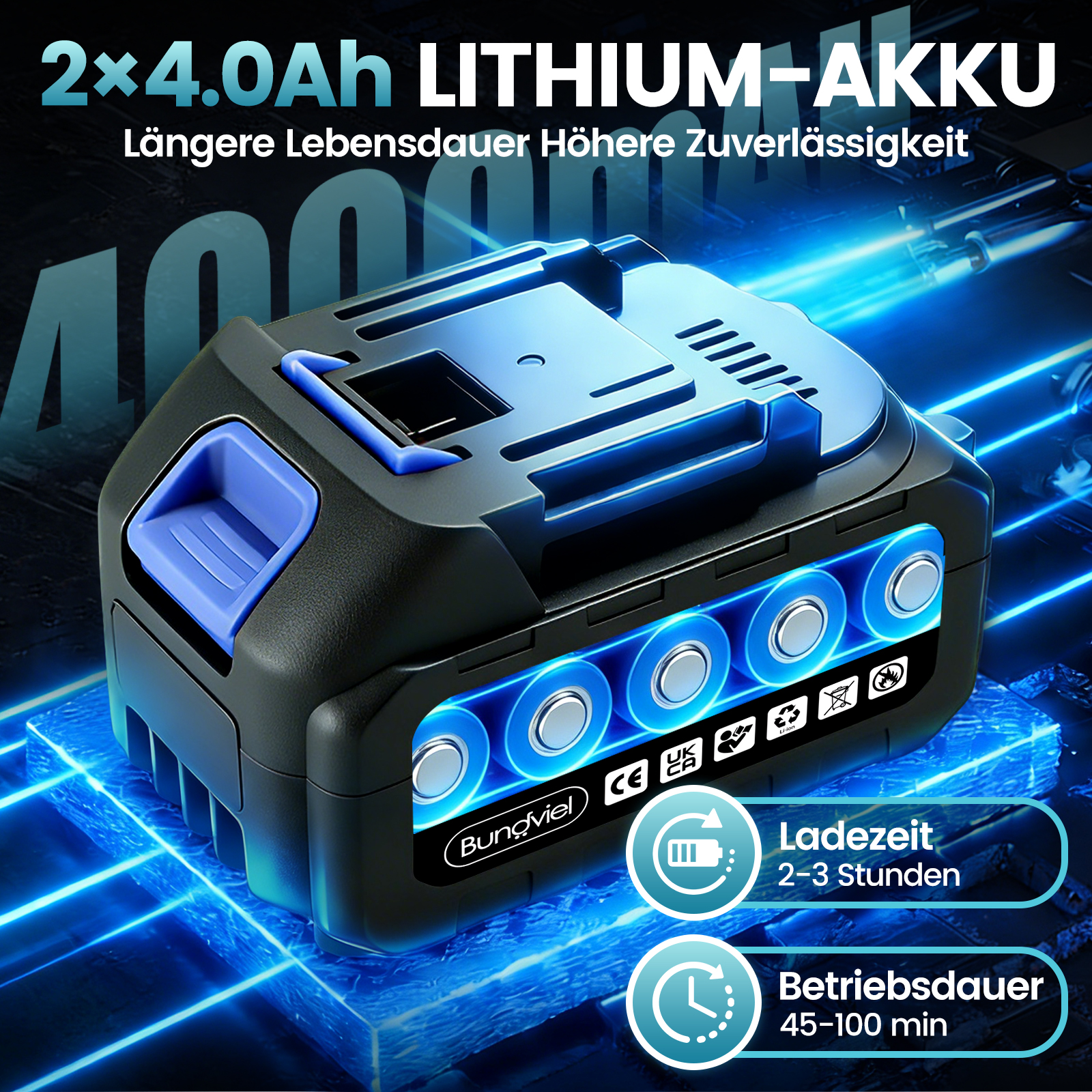 Ein schwarzer Lithium-Akku mit blauen Akzenten steht auf einer blauen, leuchtenden Unterlage.