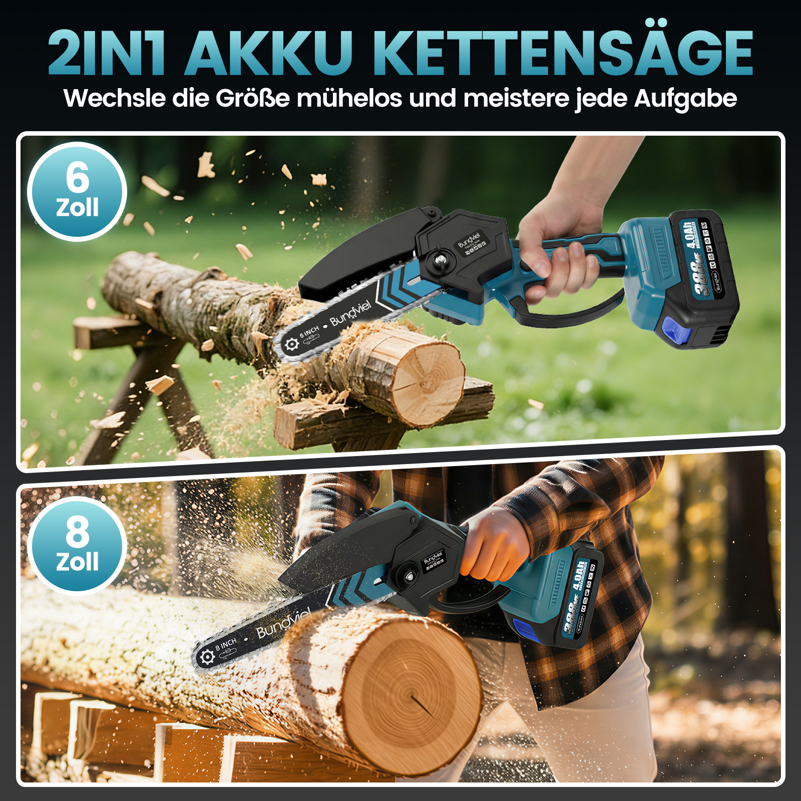 Zwei Akku-Kettensägen in Aktion: eine 6-Zoll und eine 8-Zoll beim Holzsägen.