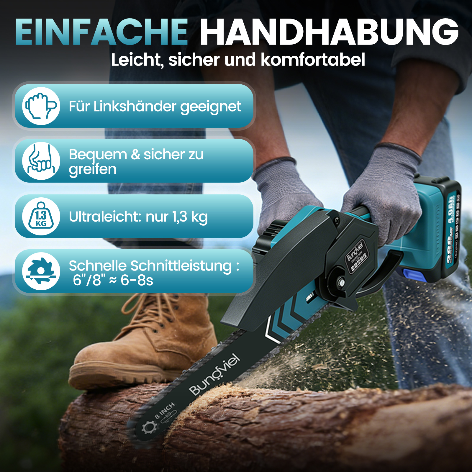 Person mit blauer Kettensäge schneidet Holz. Merkmale: leicht, 1,3 kg, schnell.