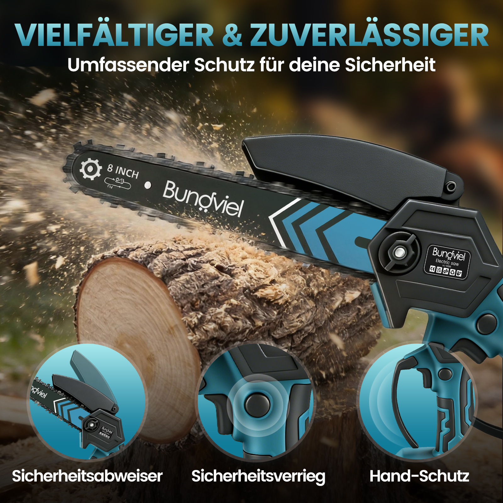 Eine Kettensäge schneidet Holz, mit Detailansichten von Sicherheitsmerkmalen.