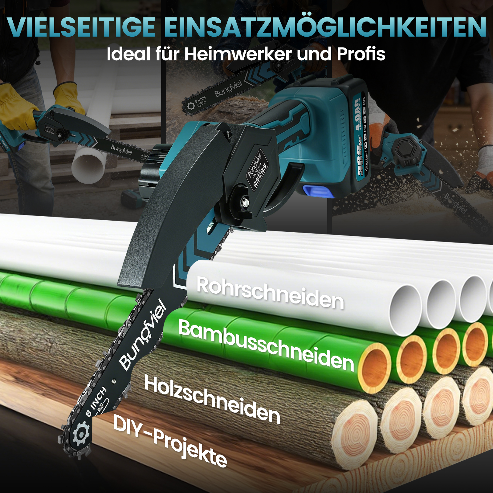 Zwei akkubetriebene Kettensägen schneiden Rohre, Bambus und Holz.
