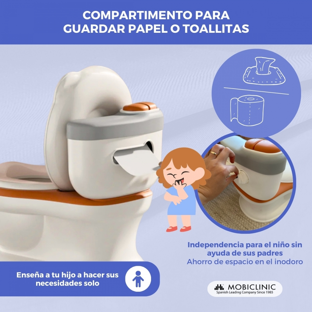 Orinal con compartimento para papel/toallitas. Un niño ríe.