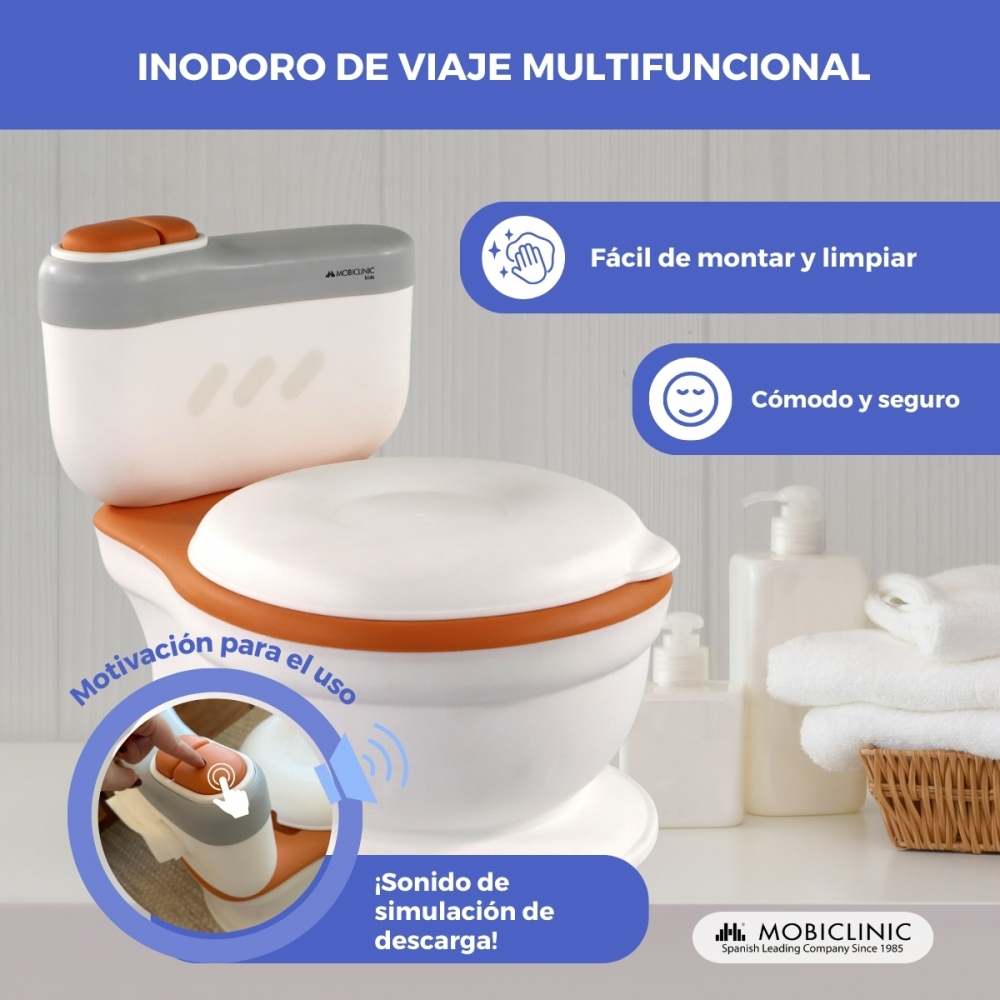 Un orinal portátil multifuncional en blanco y naranja con accesorios.