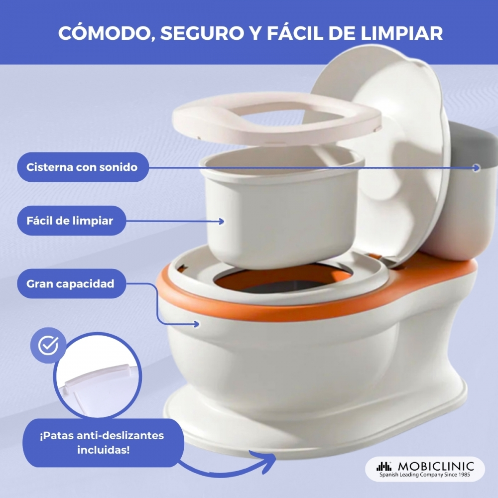 Un orinal blanco y naranja desmontado con etiquetas de características.