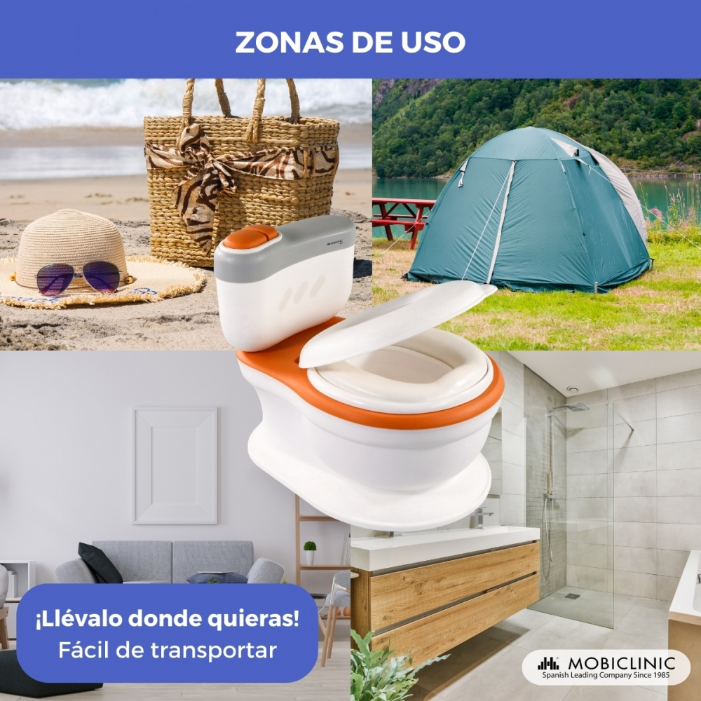 Collage con playa, tienda, inodoro portátil y baño.