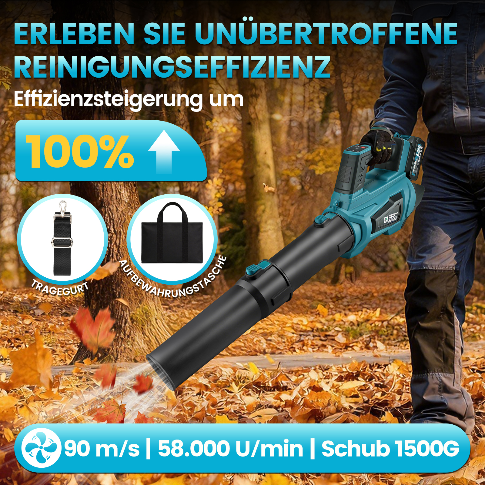 Ein Mann hält einen Laubbläser vor einem Herbstwald mit Blättern auf dem Boden.