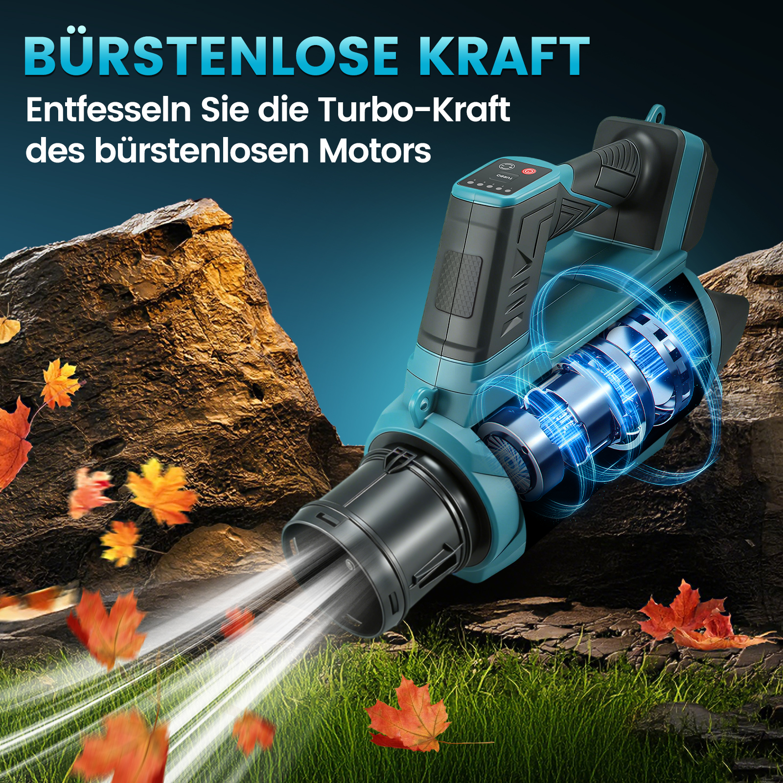 Ein Laubbläser mit drehendem Motor bläst Blätter über Gras und Steine.