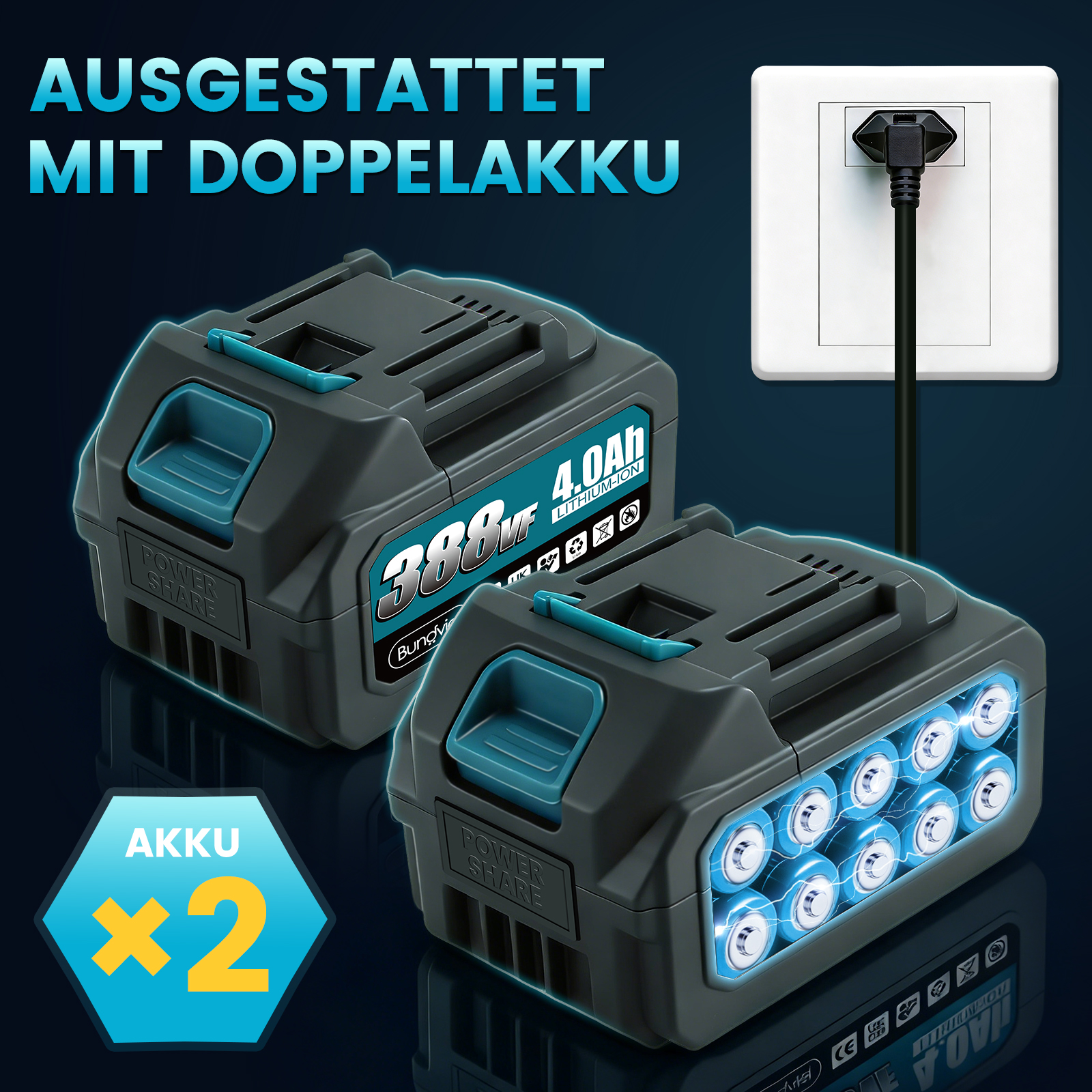 Zwei Lithium-Ionen-Akkus mit 388V und 4.0Ah, einer davon lädt an einer Steckdose.
