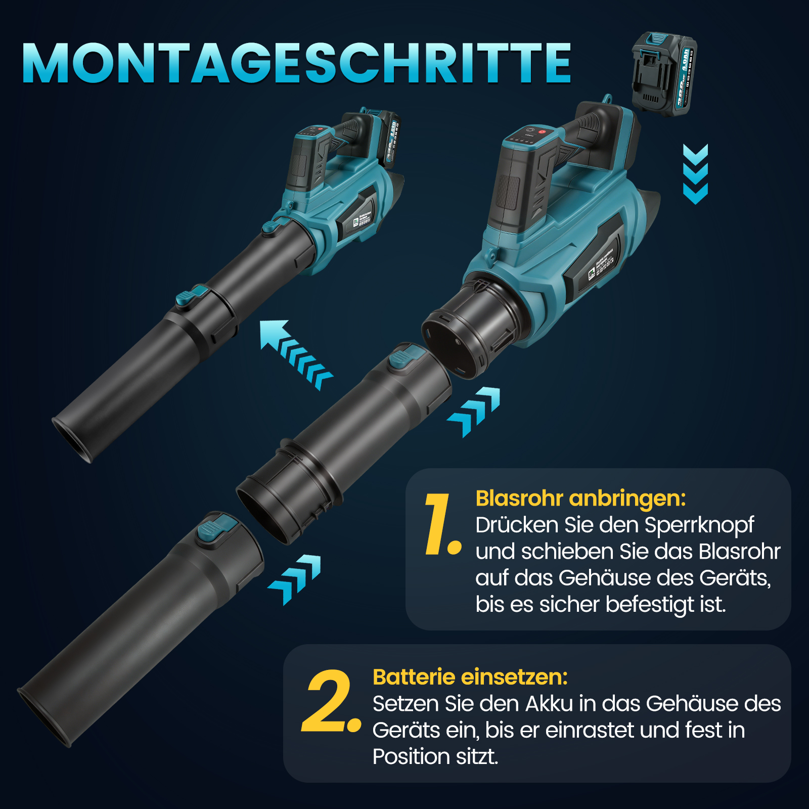 Montageschritte: Blasrohr anbringen, Batterie einsetzen. Blaugrüne Geräte.