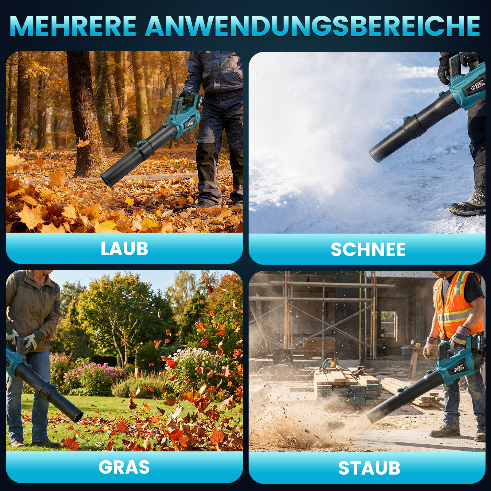 Vier Bilder zeigen einen Laubbläser im Einsatz bei Laub, Schnee, Gras und Staub.
