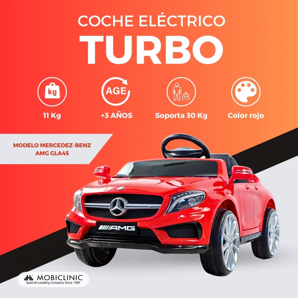 Coche eléctrico rojo Mercedes, detalles AMG, 11kg, para mayores de 3 años.