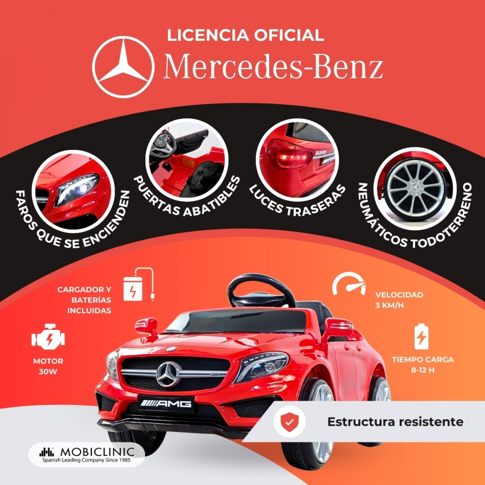 Un coche eléctrico rojo Mercedes-Benz con faros, puertas, luces traseras y neumáticos.