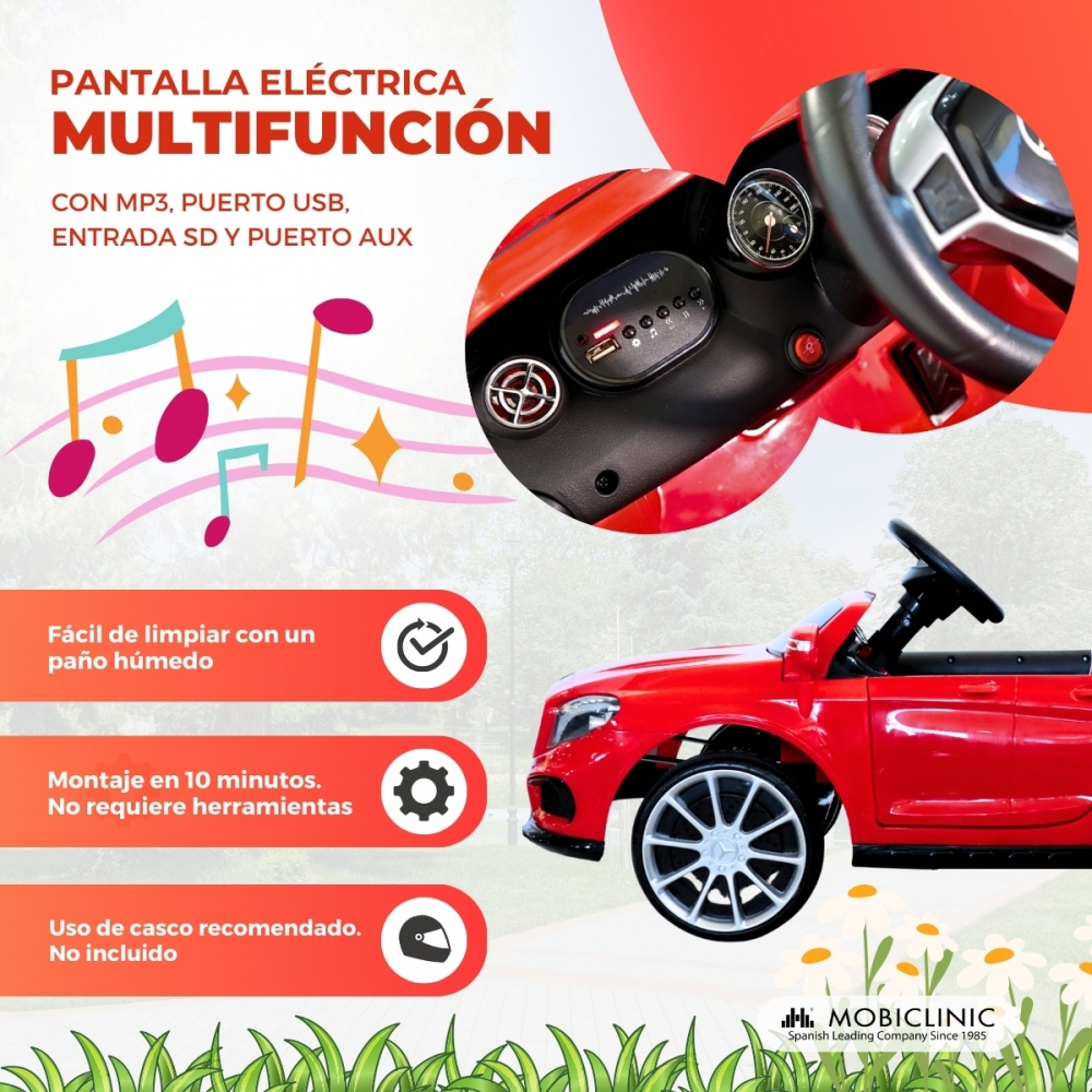 Coche eléctrico rojo con pantalla multifunción, notas musicales e iconos.