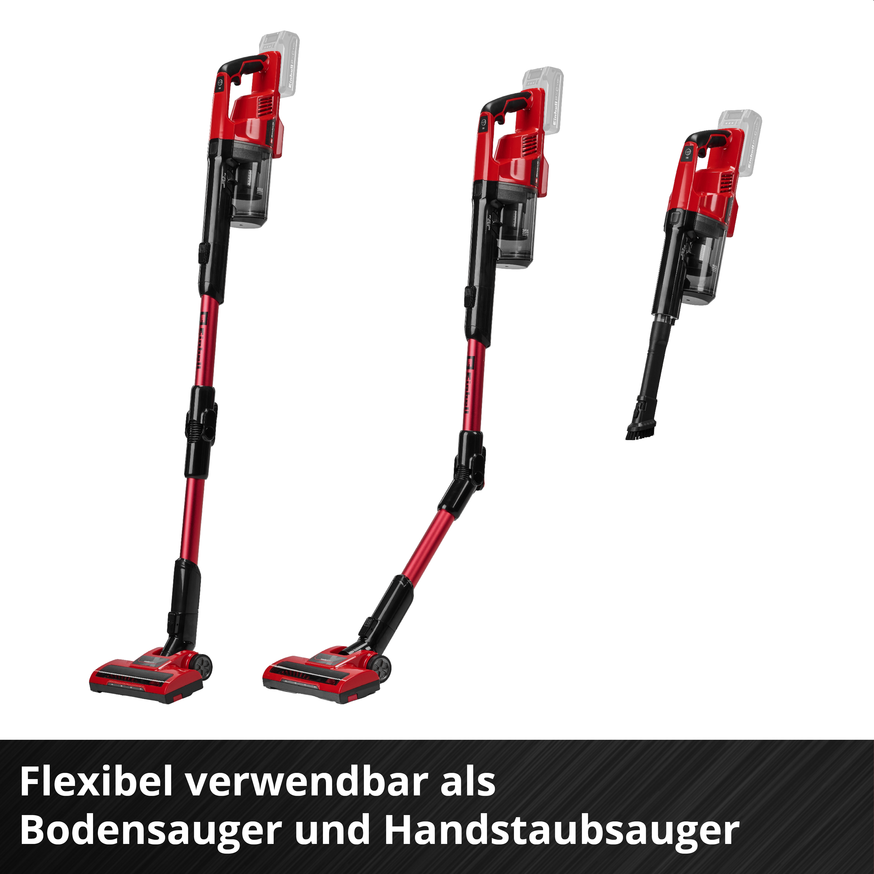 Drei rote und schwarze Akku-Staubsauger in verschiedenen Positionen.