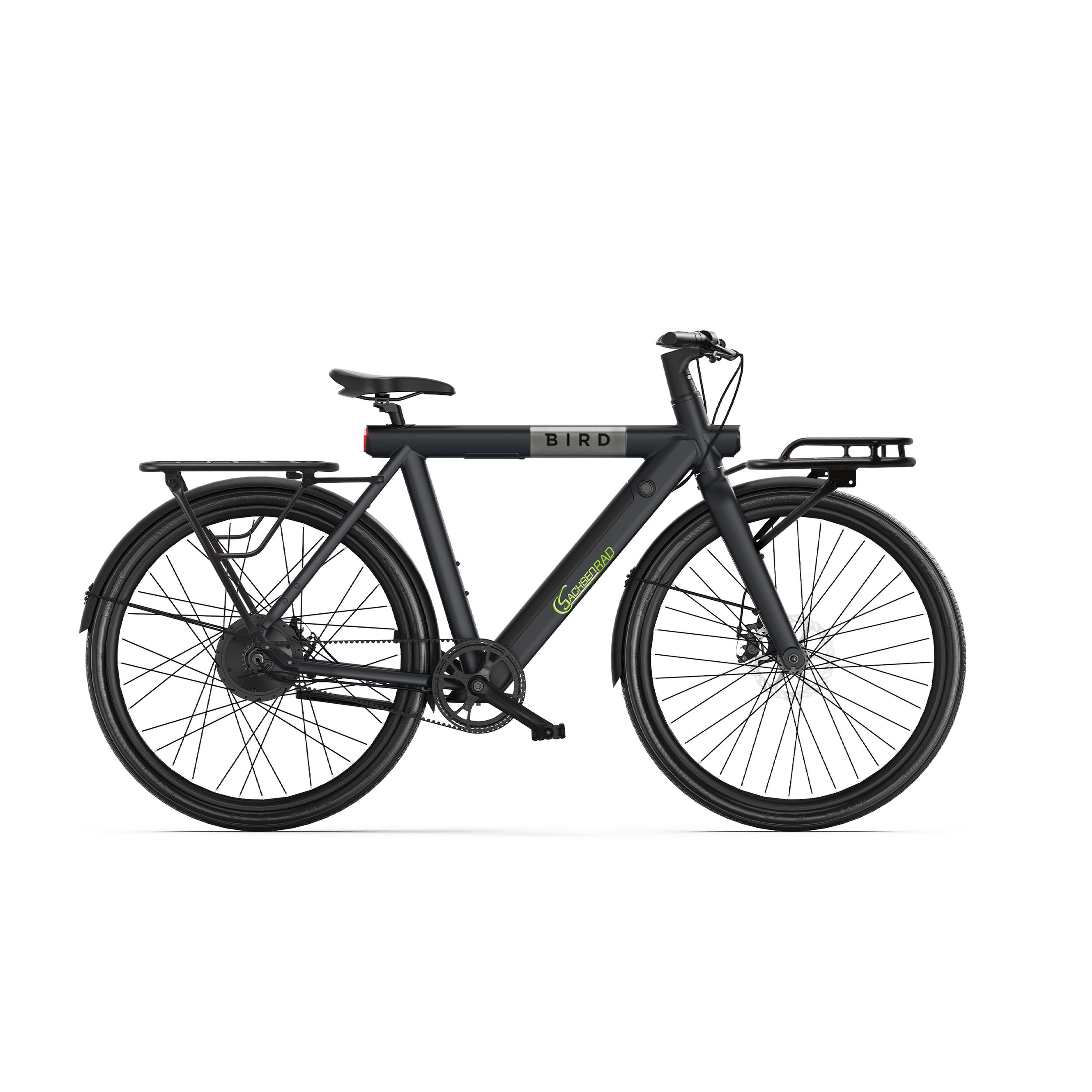 Schwarzes E-Bike mit Gepäckträgern vorne und hinten.