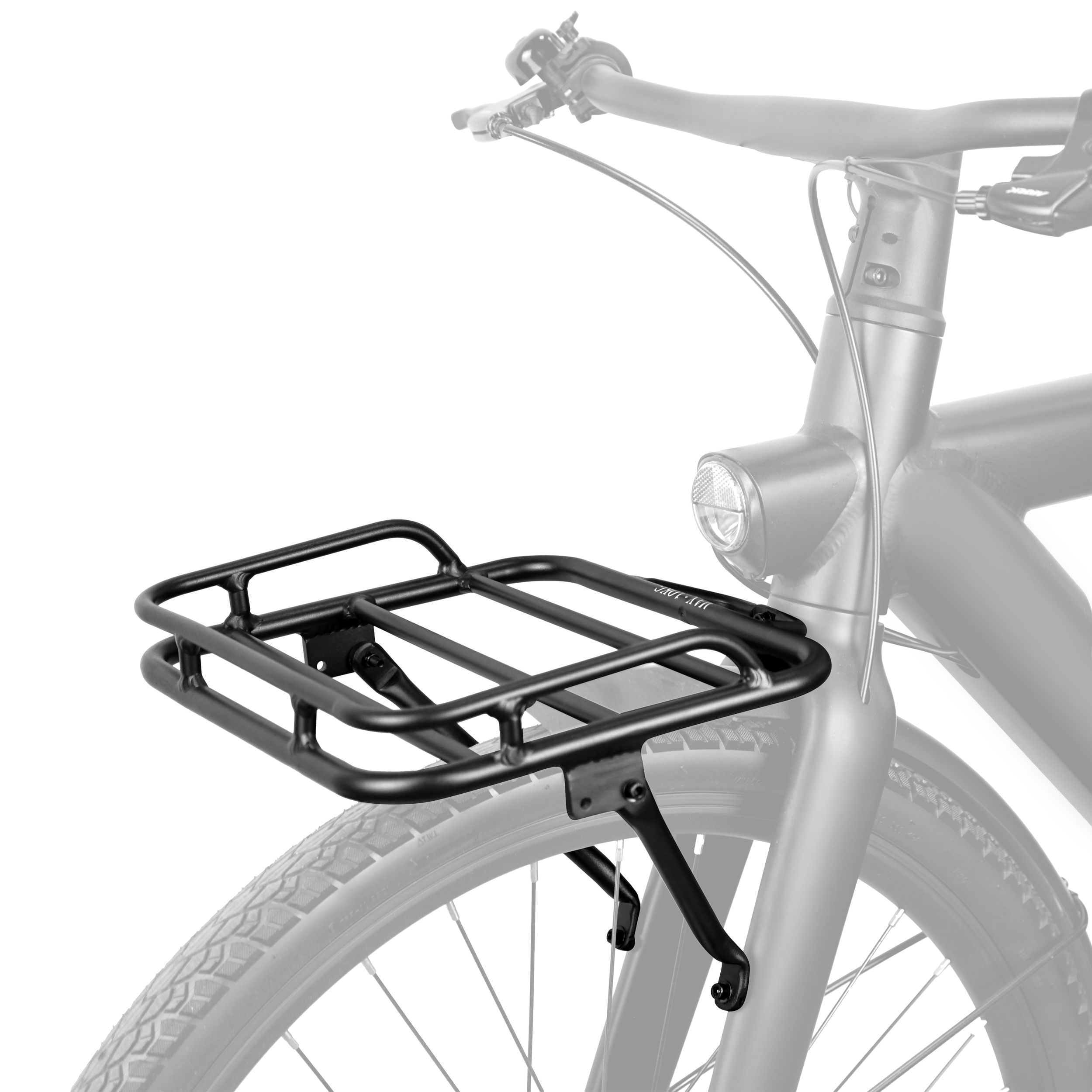 Schwarzer Gepäckträger vorne an einem Fahrrad, mit weißem Hintergrund.