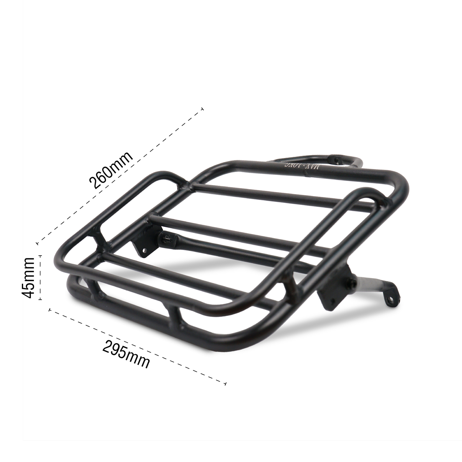 Schwarzer Fahrradgepäckträger aus Metall mit Maßen 295mm x 260mm x 45mm.