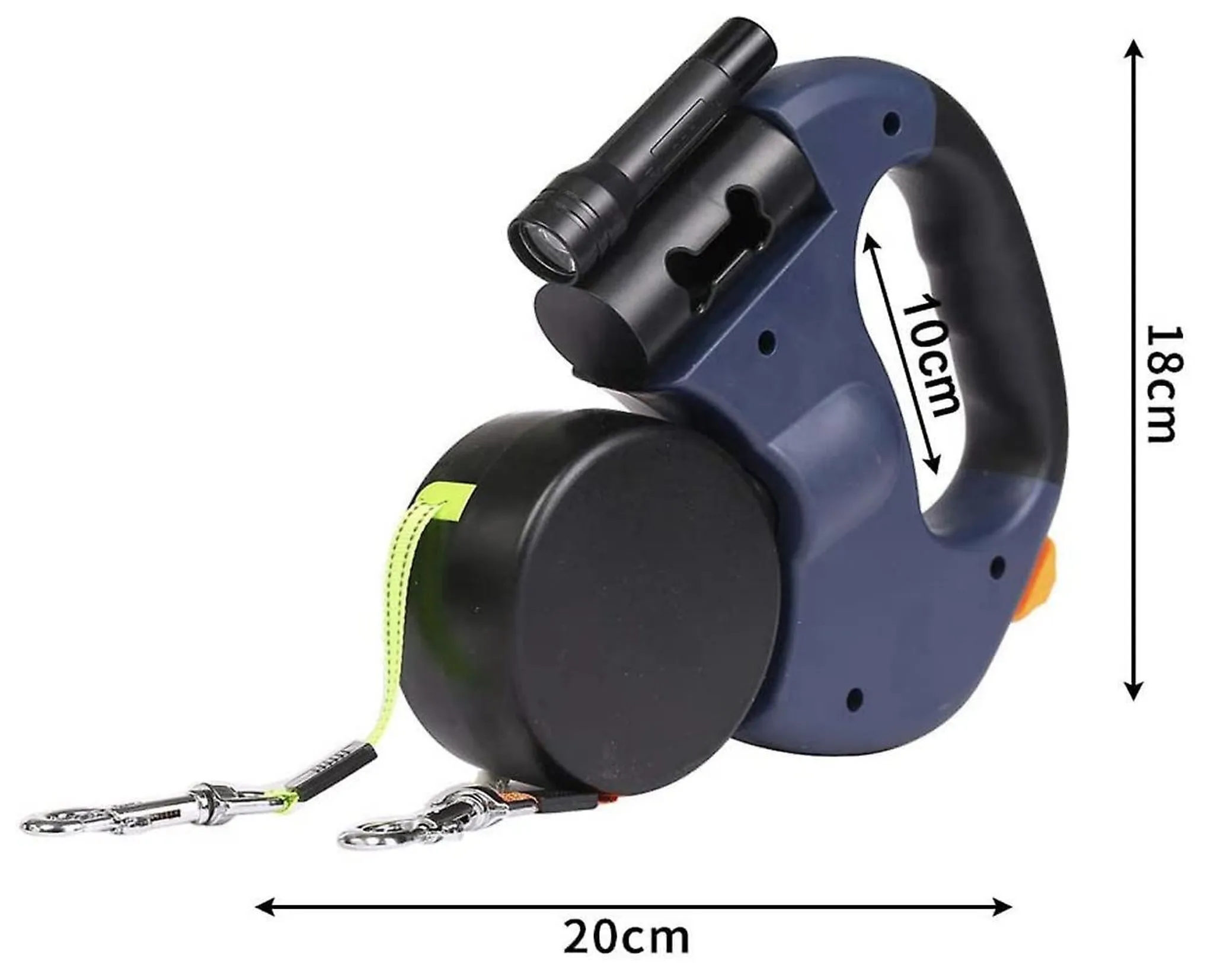 Blaue einziehbare Hundeleine mit Taschenlampe und zwei Leinen.