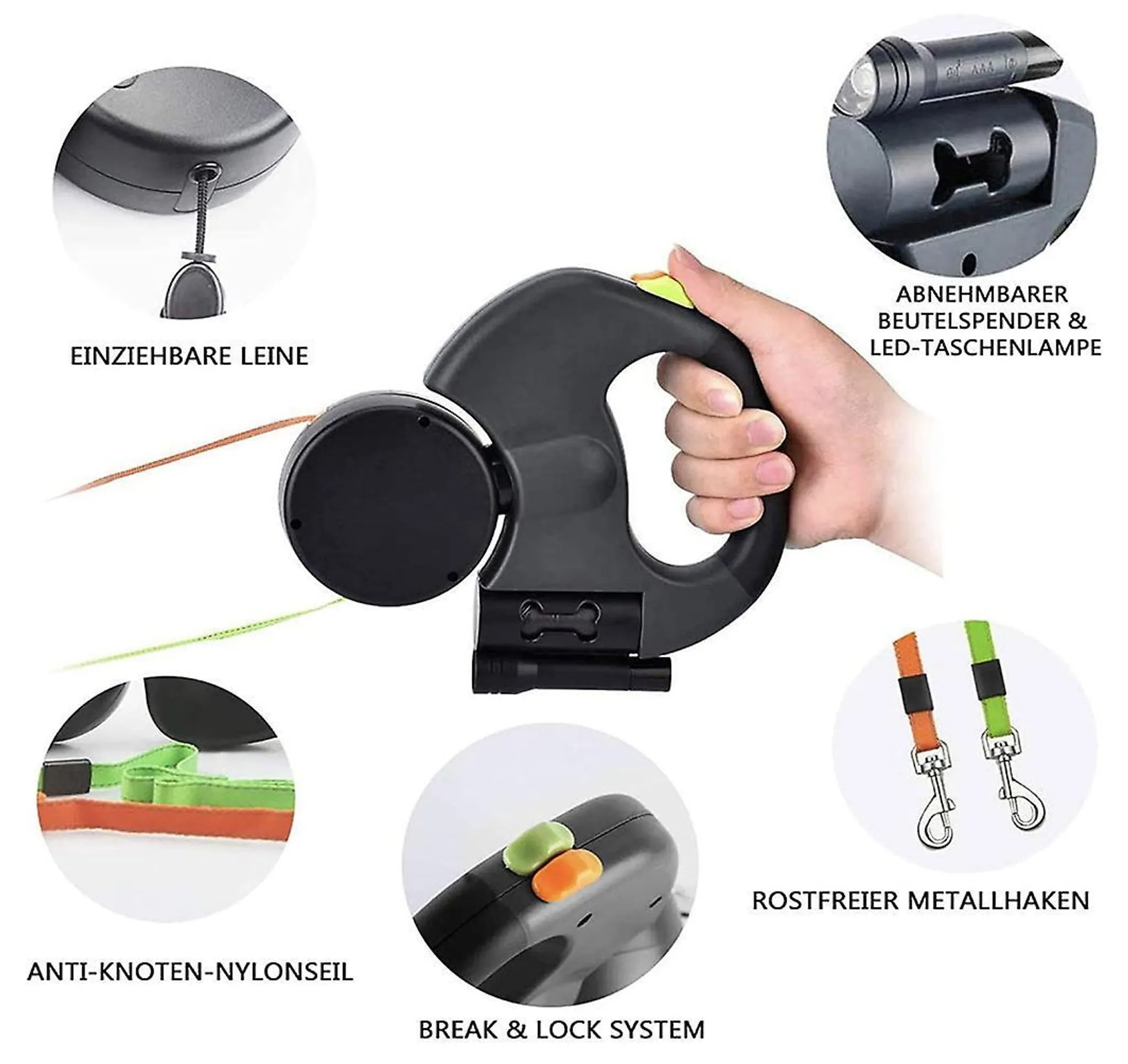Einziehbarer Hundeleine mit LED und Kotbeutelspender.