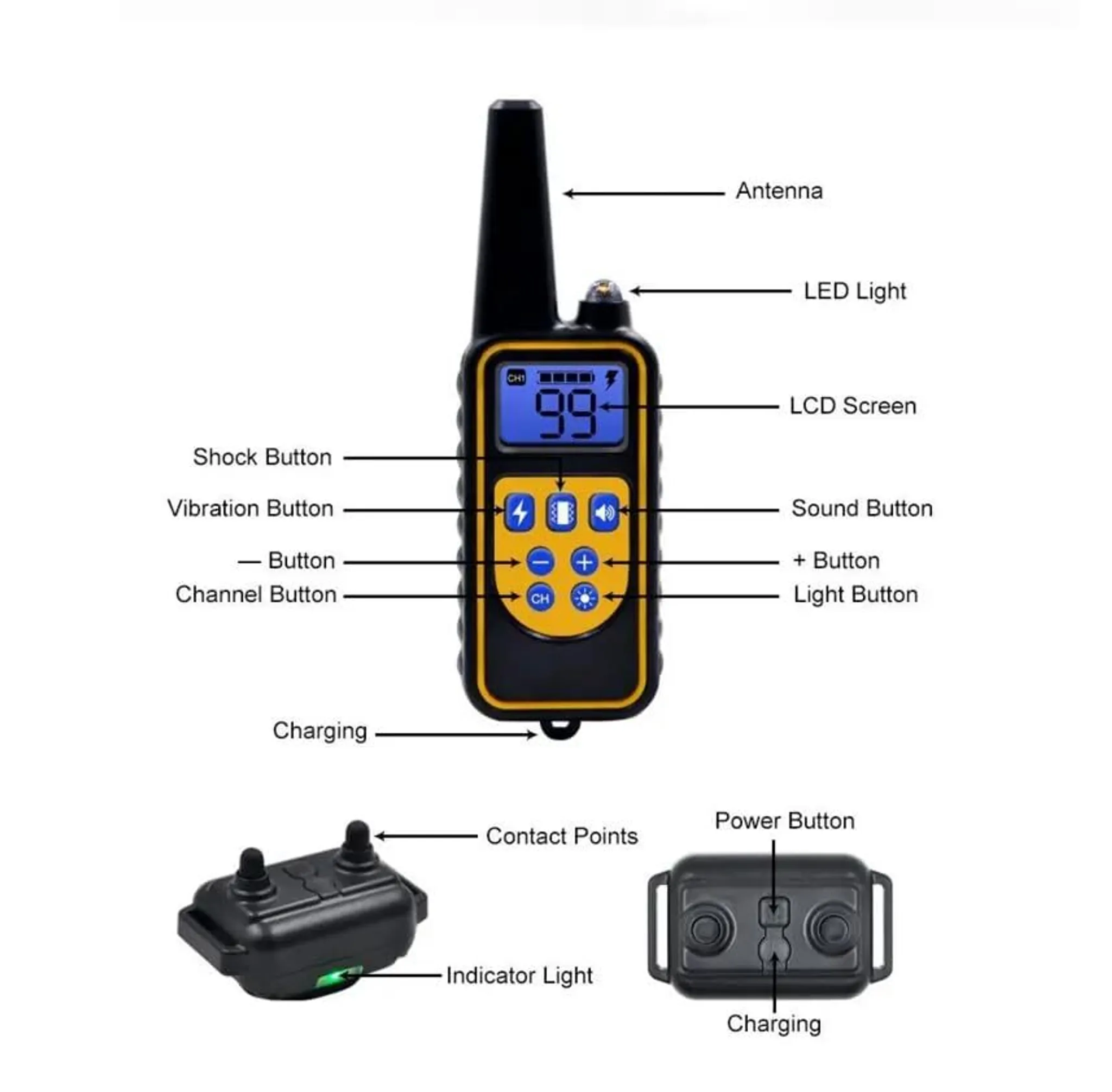 Ein gelber und schwarzer Hundetrainer-Fernbedienung mit LCD-Bildschirm und Tasten.