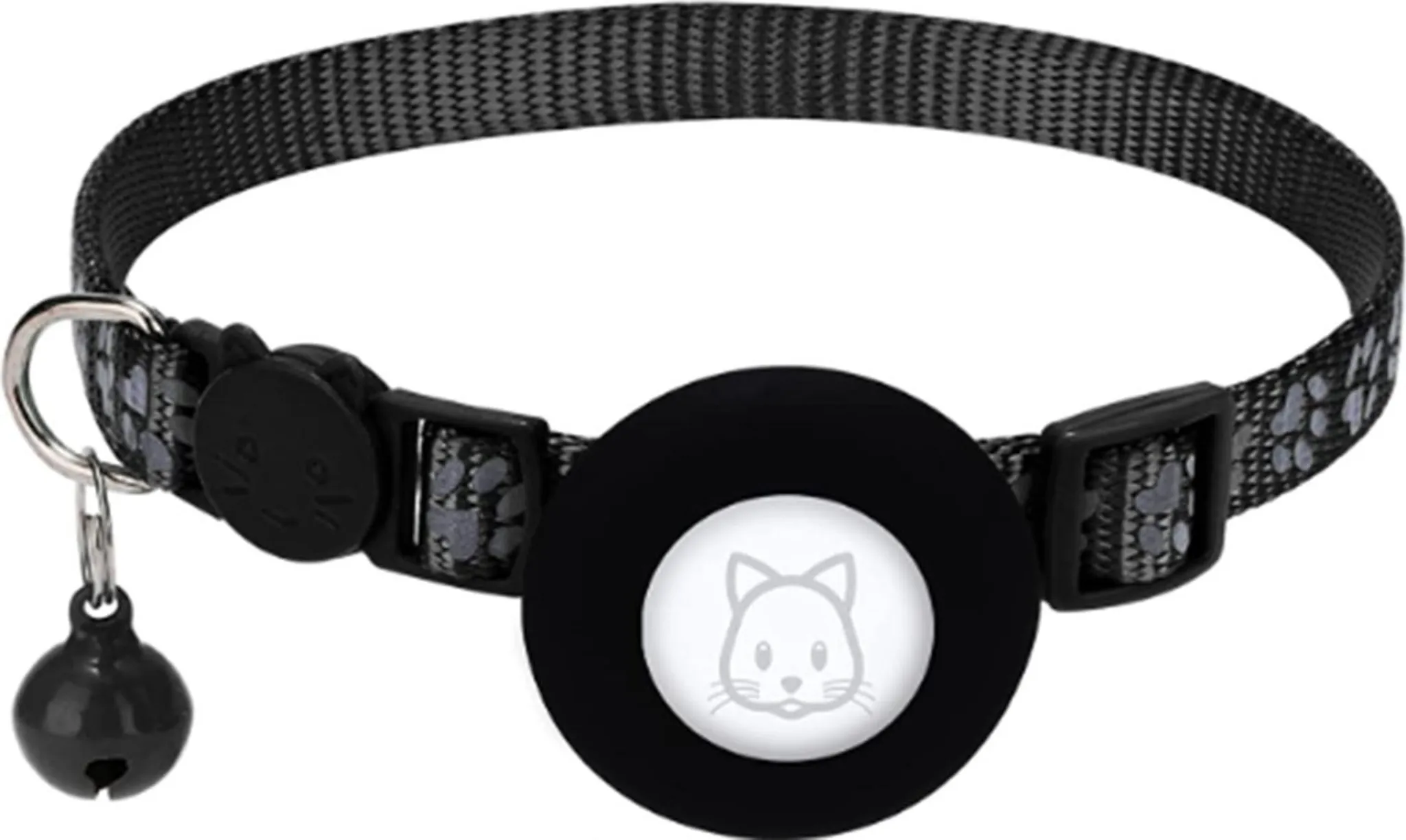 Ein schwarzes Halsband mit Pfotenabdruckmuster und Katzenmotiv-Anhänger.