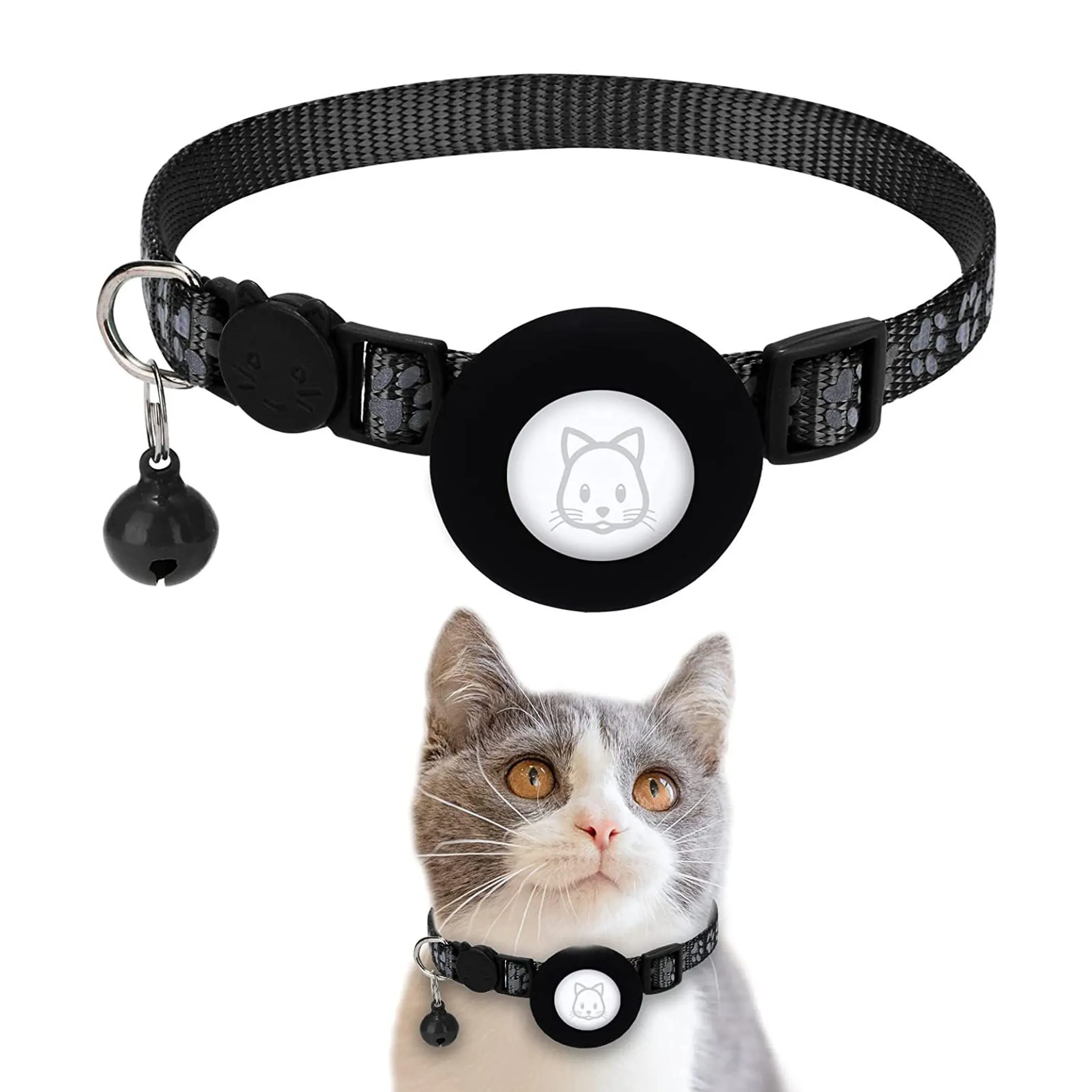 Ein grauer und weißer Kater trägt ein Halsband mit Glöckchen und einem Katzenmotiv.