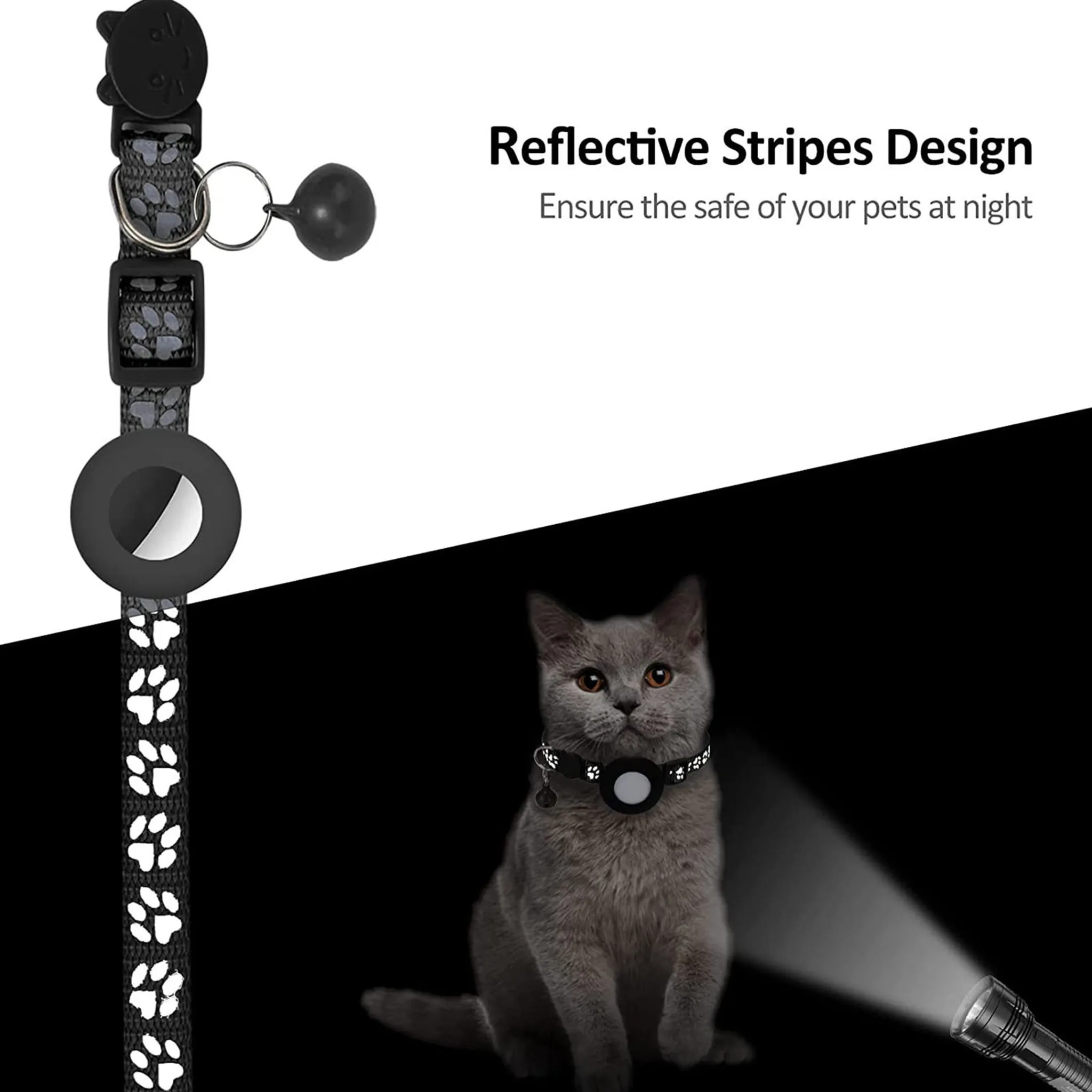 Graue Katze mit reflektierendem Halsband bei Nacht. Taschenlampe leuchtet.