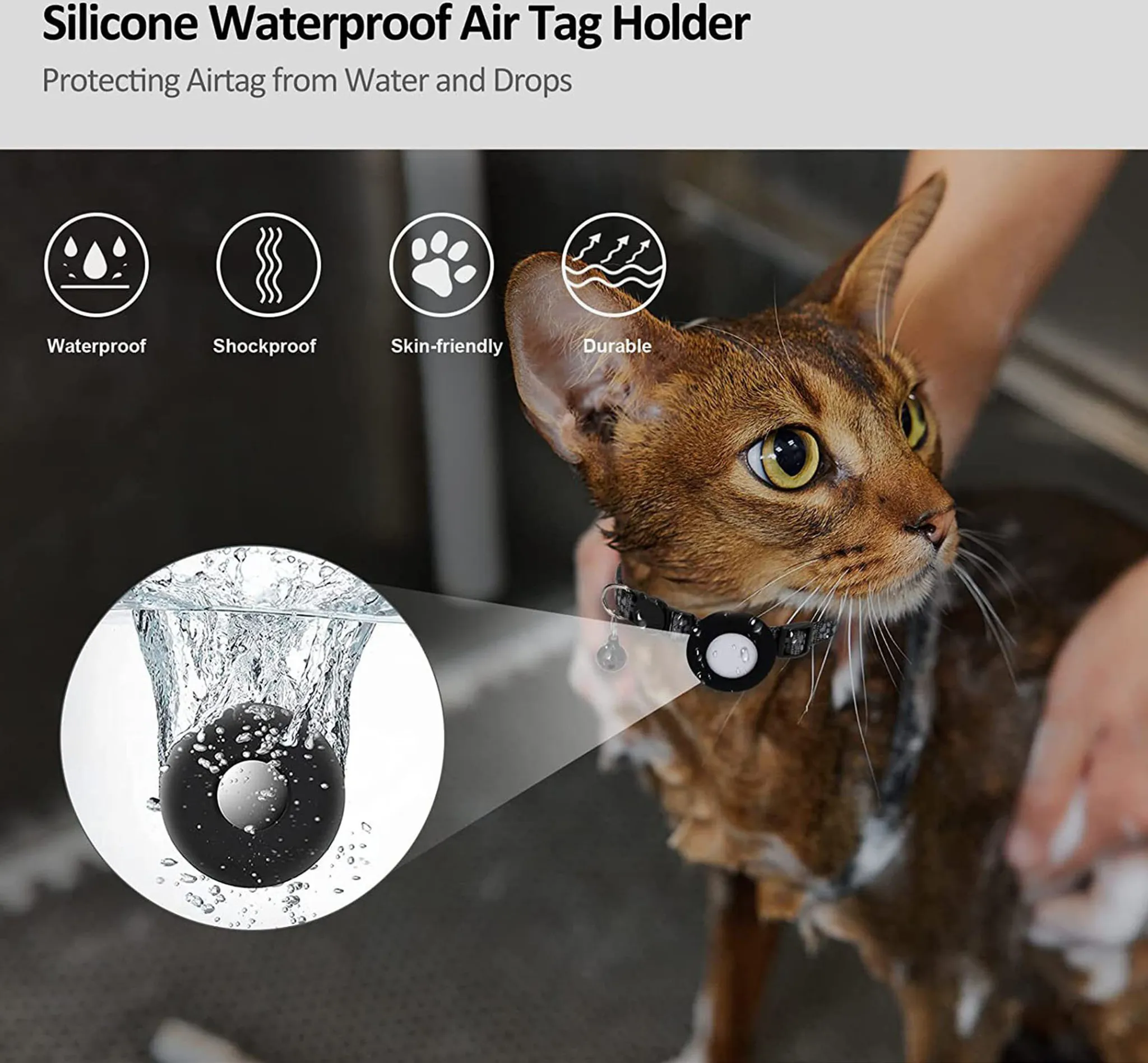 Katze mit AirTag-Halter am Halsband, ein AirTag fällt in Wasser.