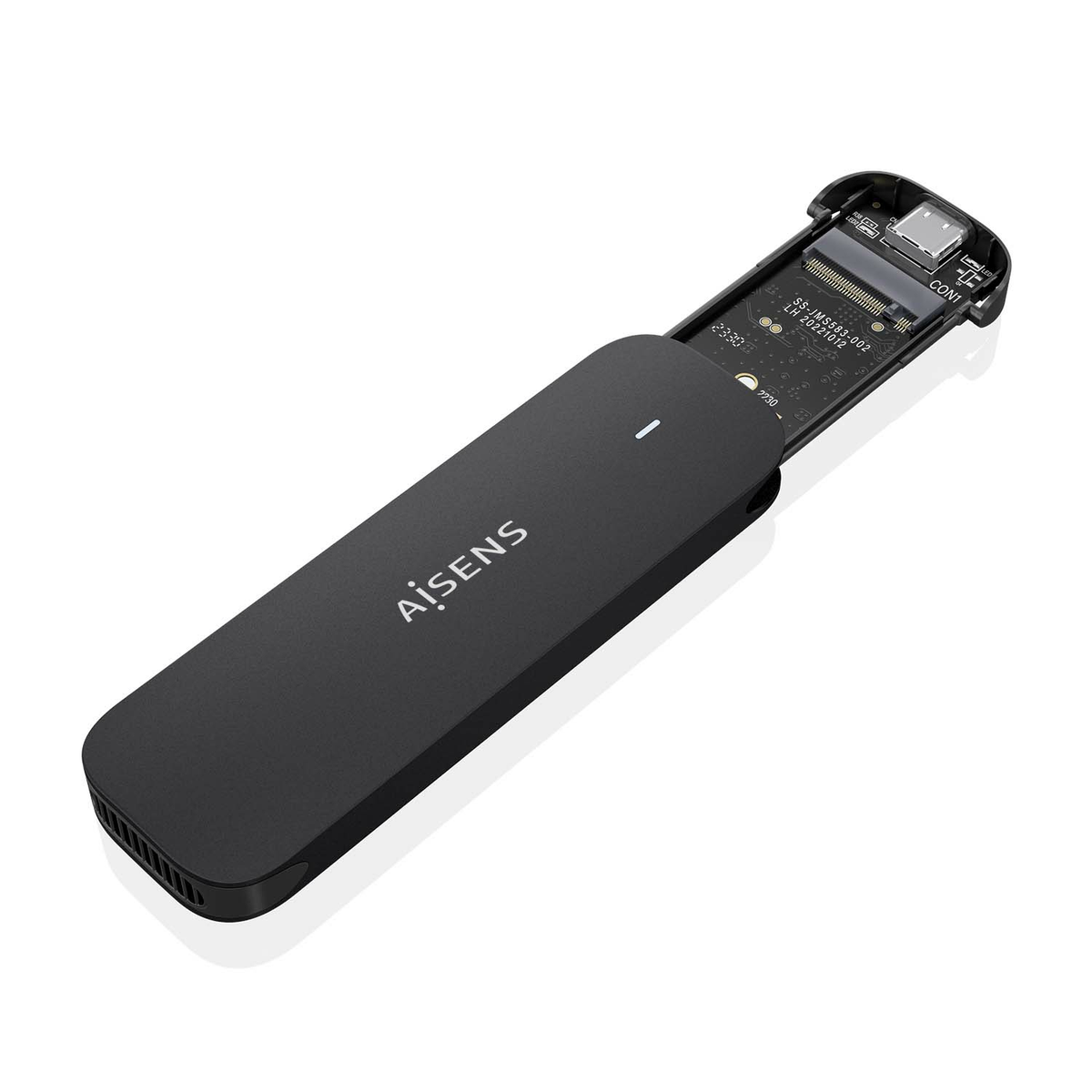 Caja externa SSD negra con logo, tapa abierta mostrando placa de circuito.