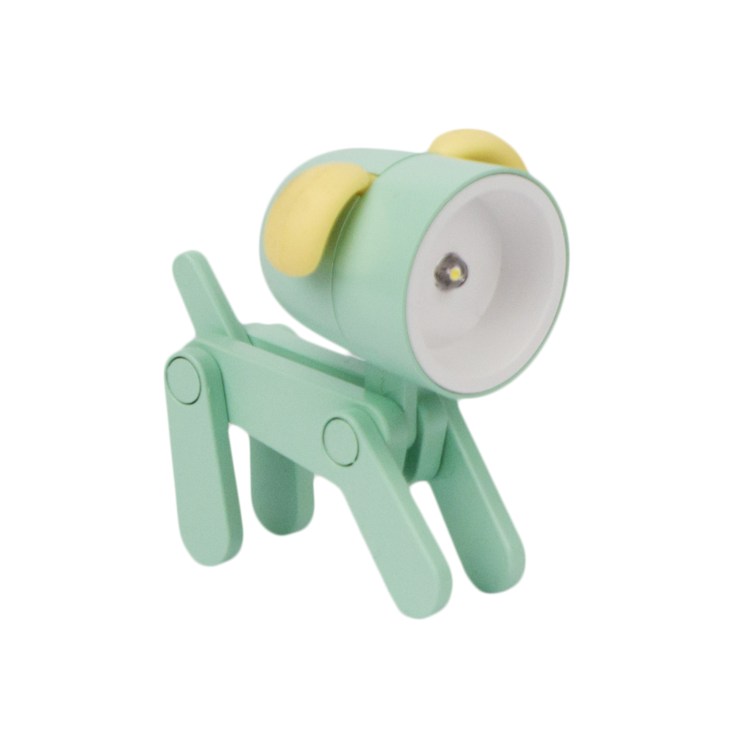 Una lampada verde a forma di cane con orecchie gialle e luce.