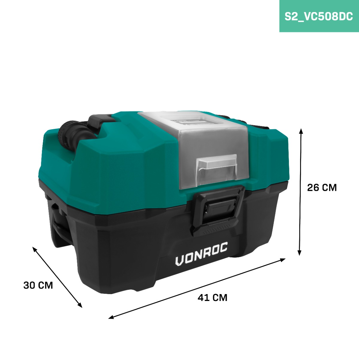 A black and teal toolbox measuring 41x30x26cm. Marked VONROC.