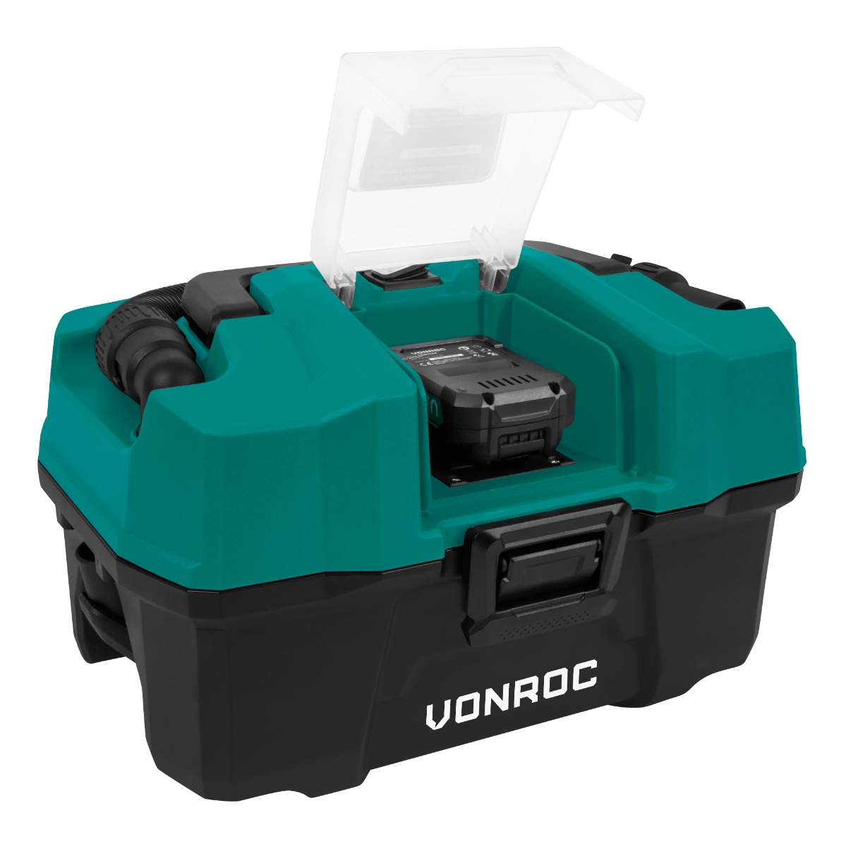 A teal and black cordless wet/dry vacuum with its lid open, showing a battery.