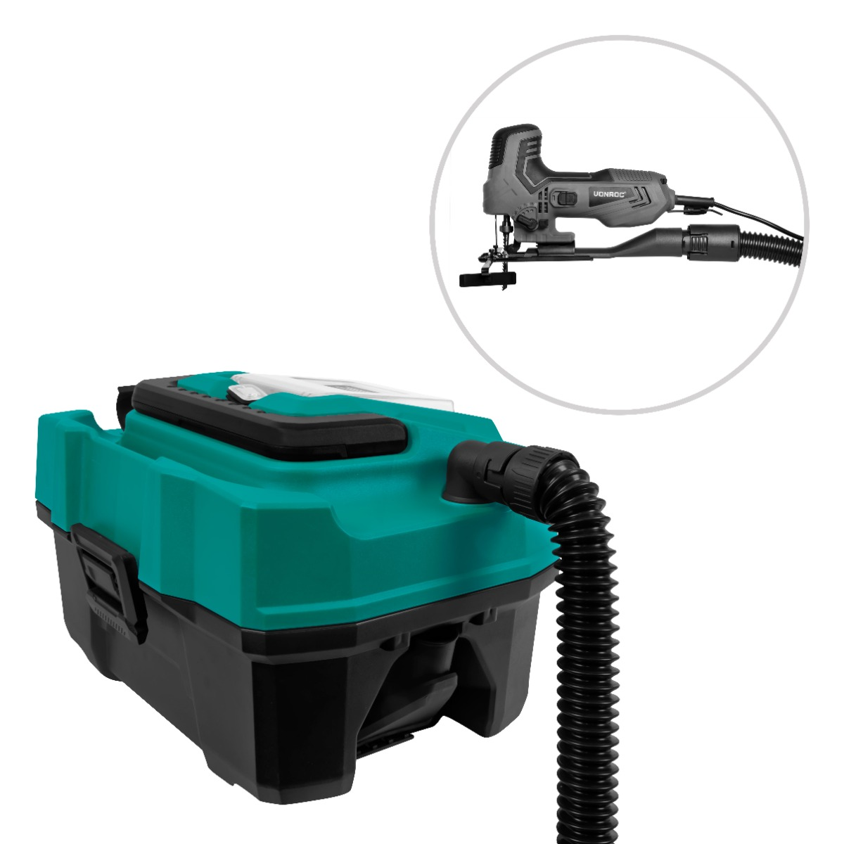 A green and black wet/dry vacuum cleaner with a circle showing a jigsaw.